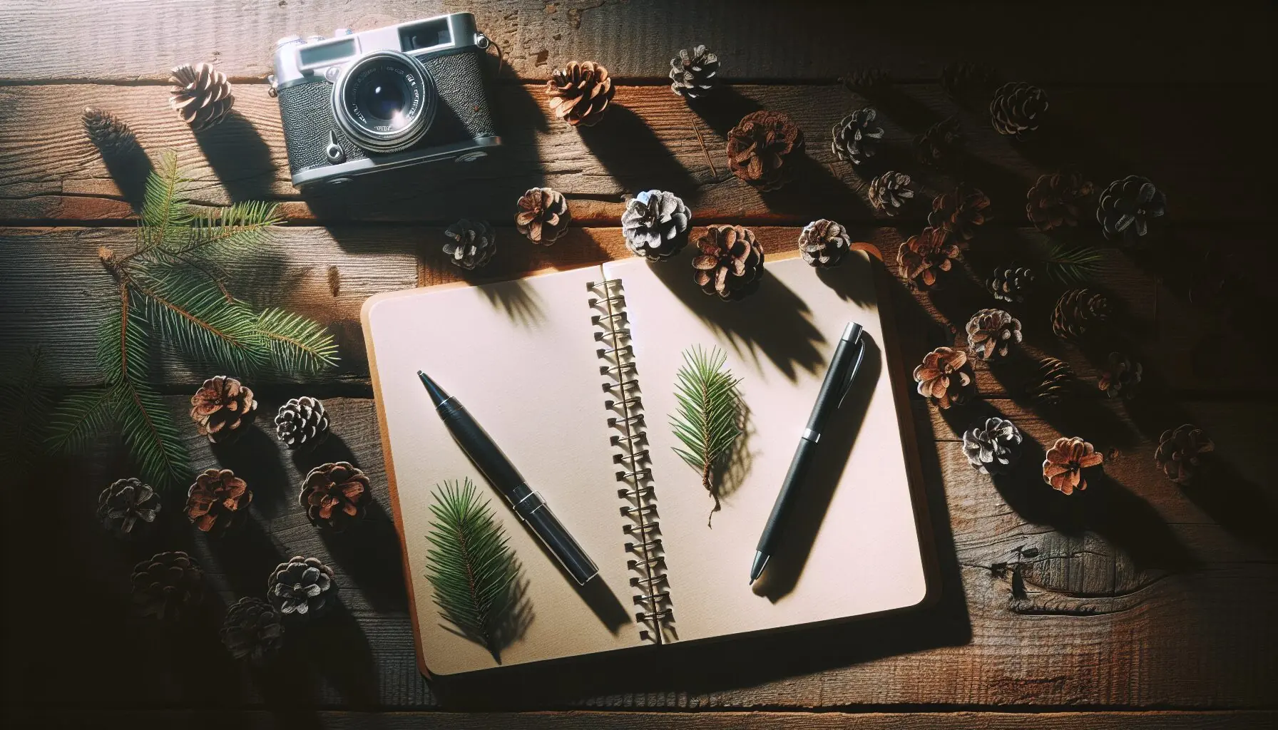 Generate an image of a camera beside evergreen needles on a rustic wooden surface to represent capturing nature's details.