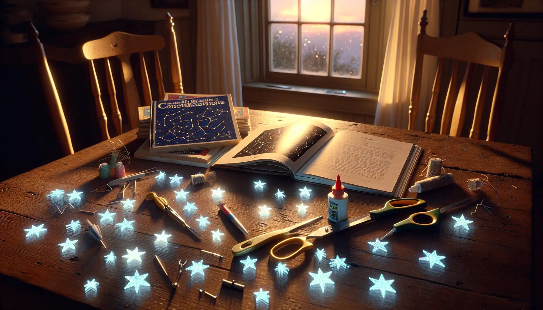 Generate an image of a child assembling glow stars with a parent, in a playful and imaginative setting.