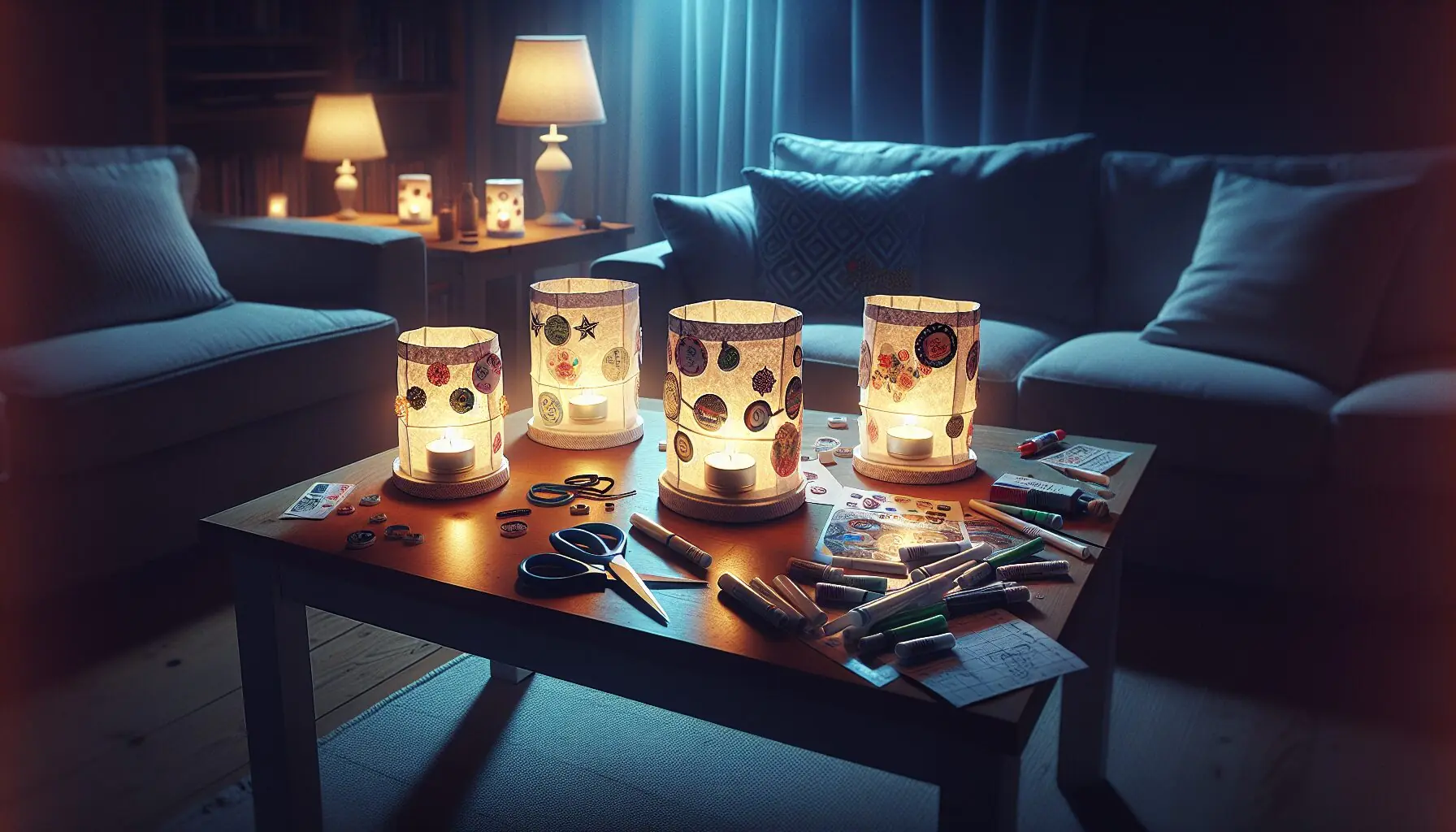 Generate an image of a cozy living room setting with glowing LED tea light candles inside homemade paper lanterns.