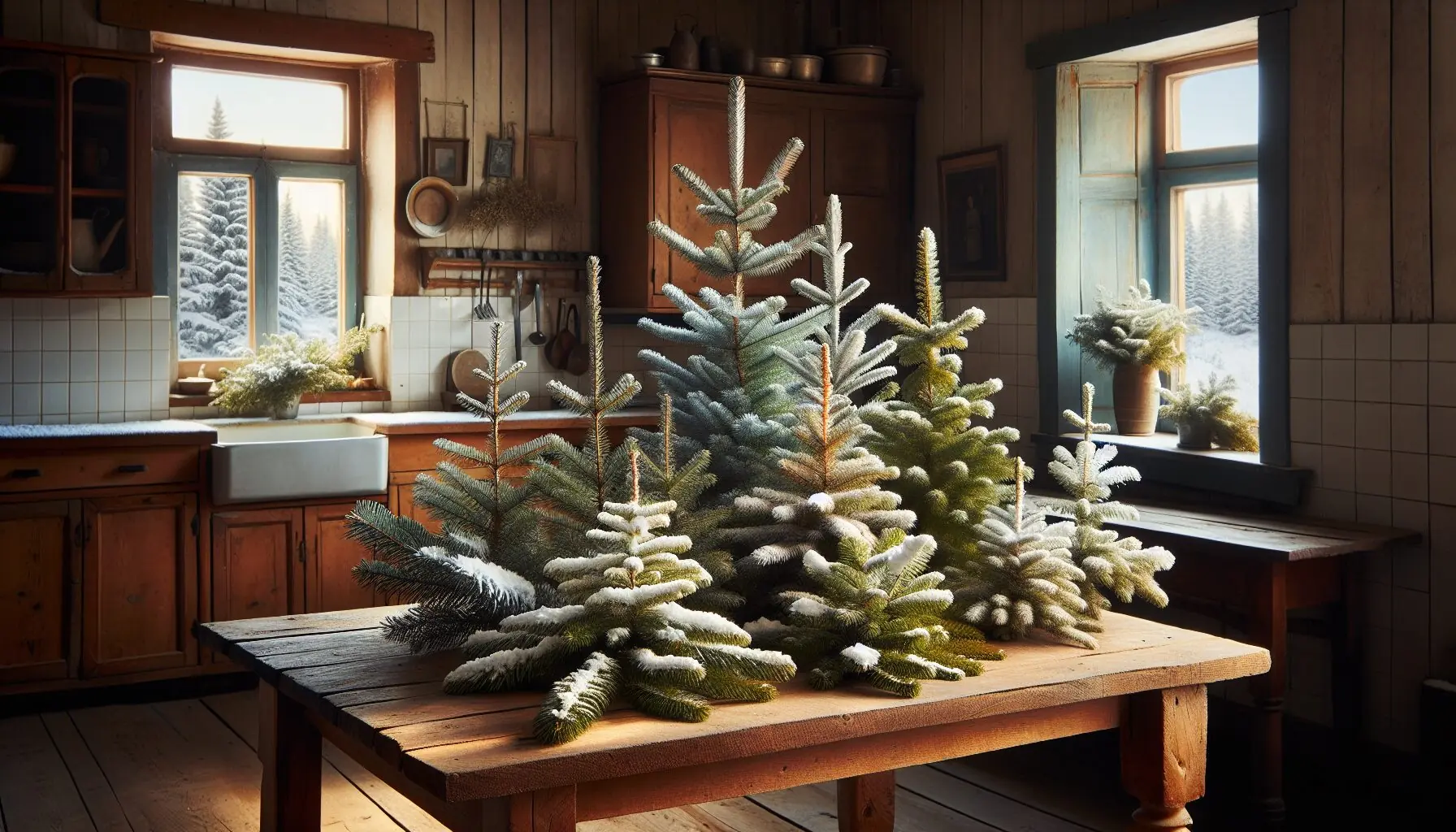 Generate an image of various evergreen trees under a soft blanket of snow, showcasing their majestic resilience.