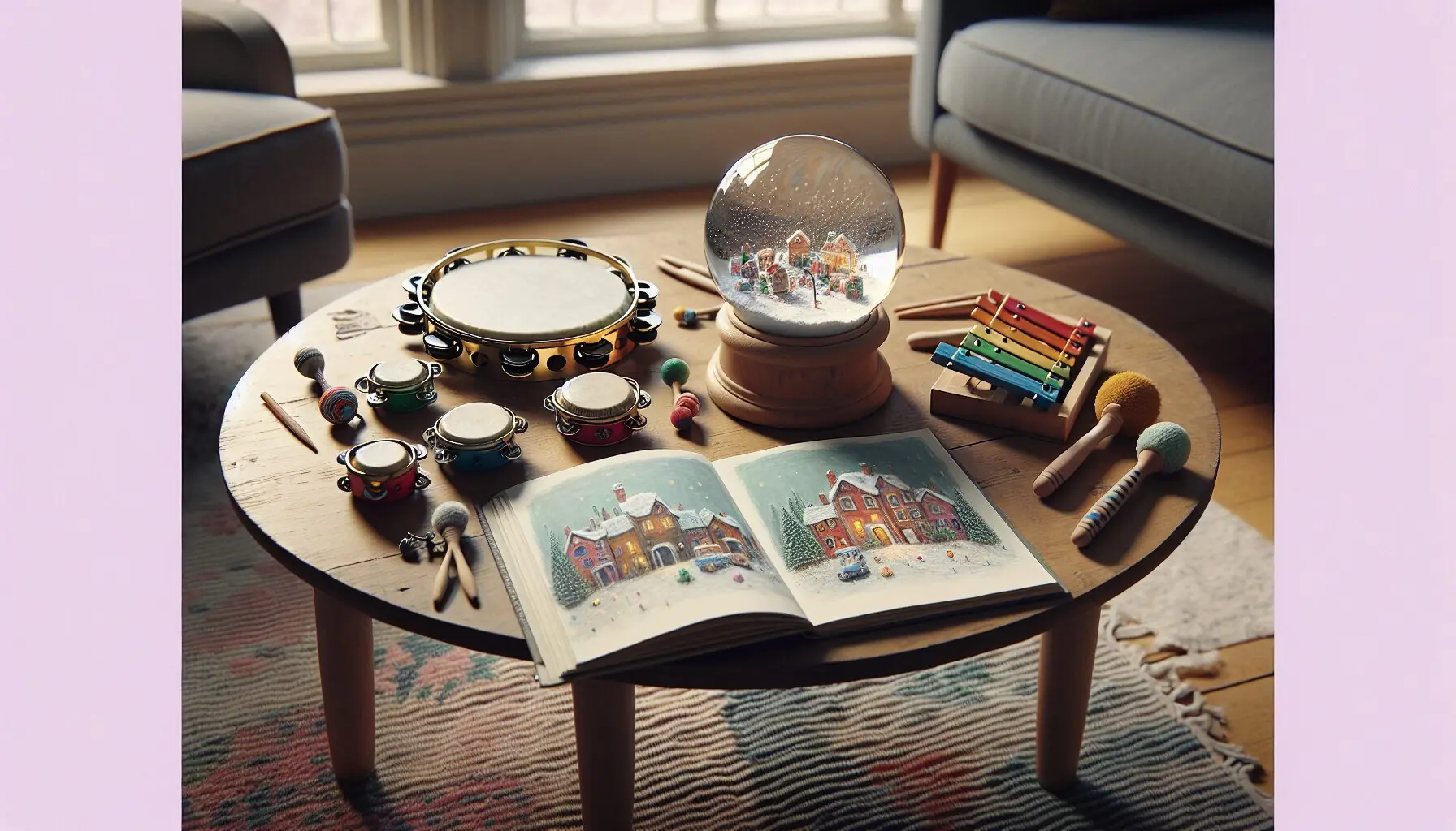 Illustrate a split scene: a joyful child playing instruments in a cozy room, alongside a cartoon imagining of a colorful, sound-filled snow globe world.