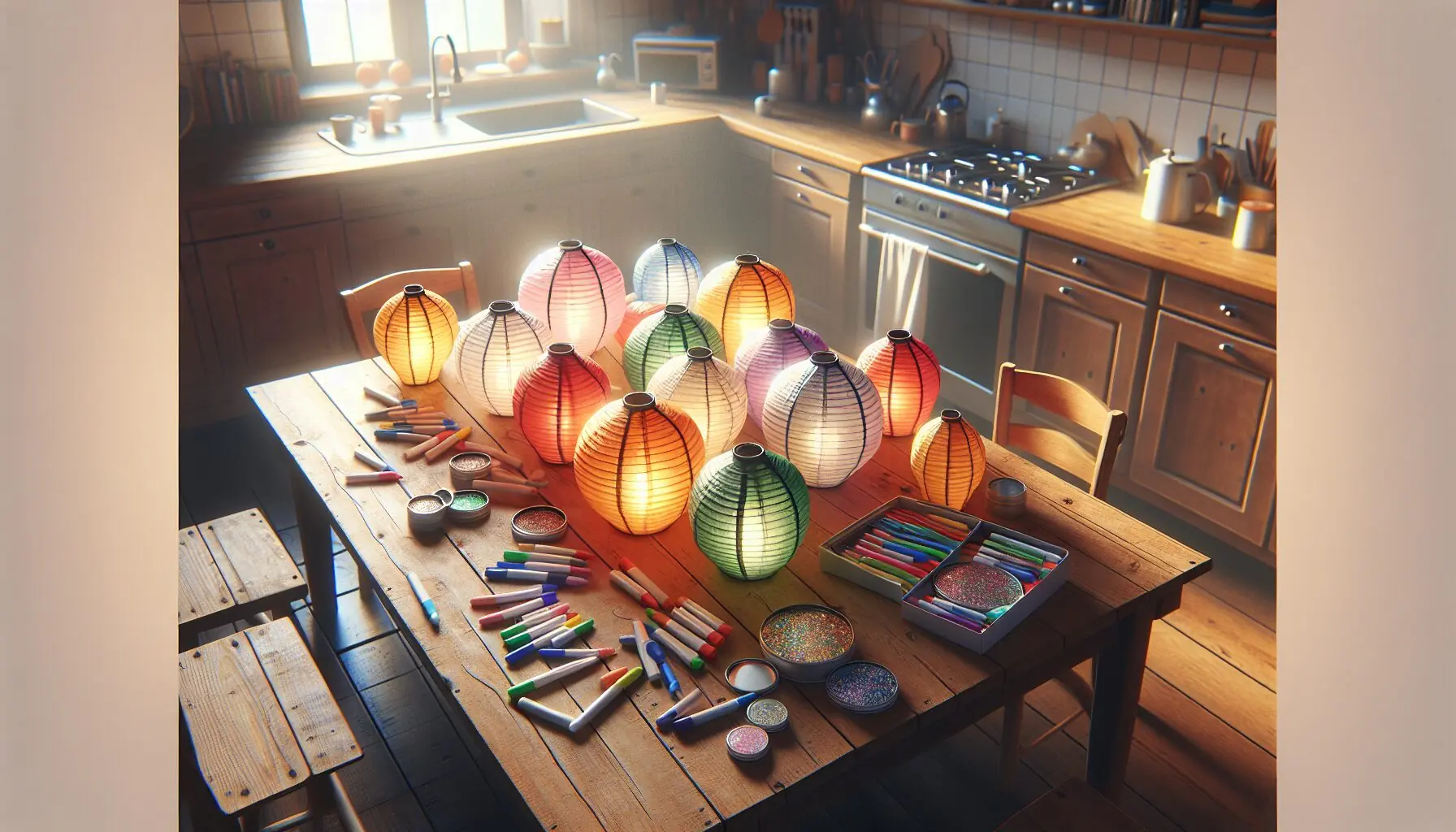 Generate an image of colorful paper lanterns arranged in a circle on a table, surrounded by craft supplies like markers and glitter.