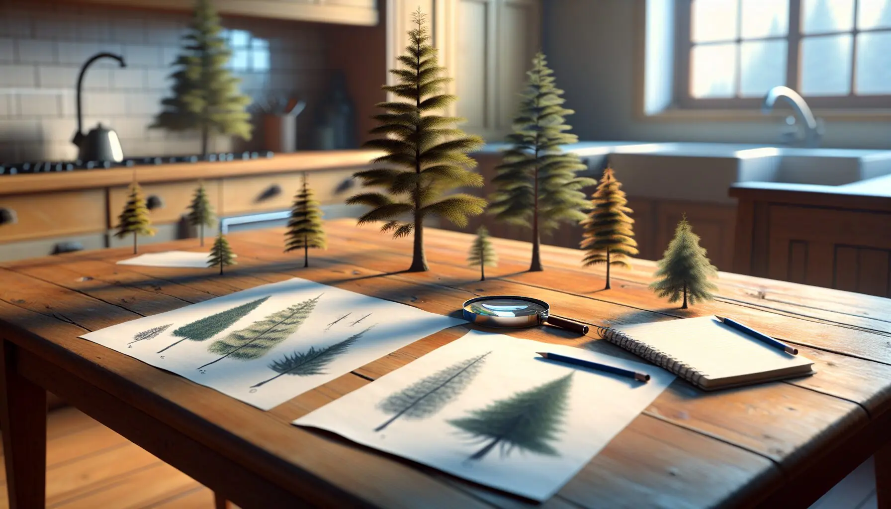 Generate an illustration of a child's thought bubble featuring evergreen tree sketches, symbolizing observation and learning.