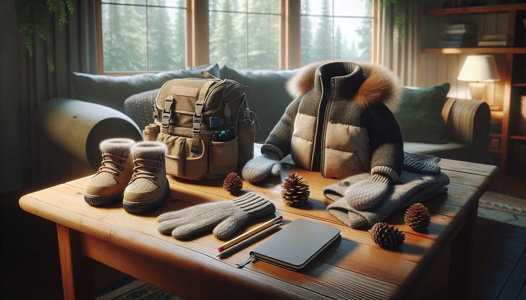 Generate an image of children's winter gear, a small notebook, and pinecones set on a woodsy background to symbolize an evergreen adventure.