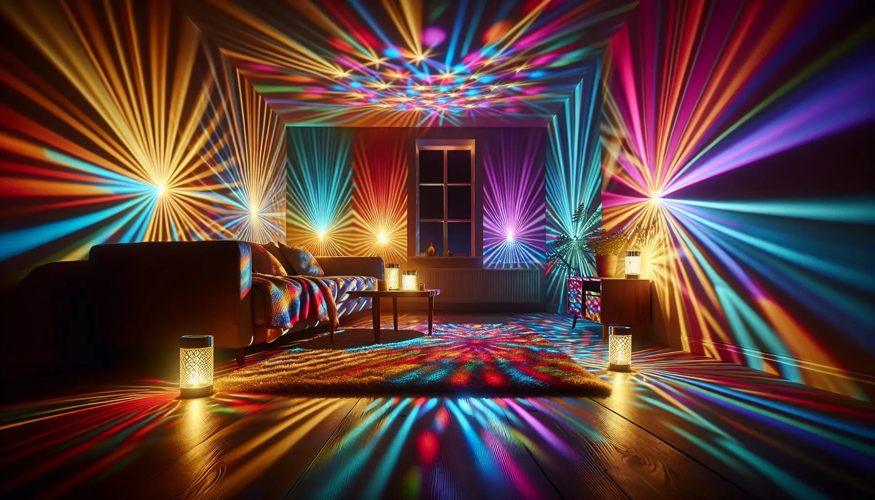 Generate an image of light beams in various colors emanating from flashlights in a dark room.