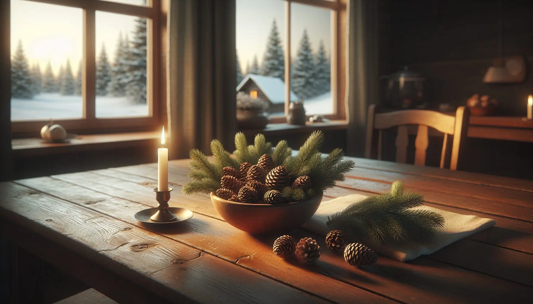 Generate an image of a snowy winter landscape with a subtle sun setting in the background.