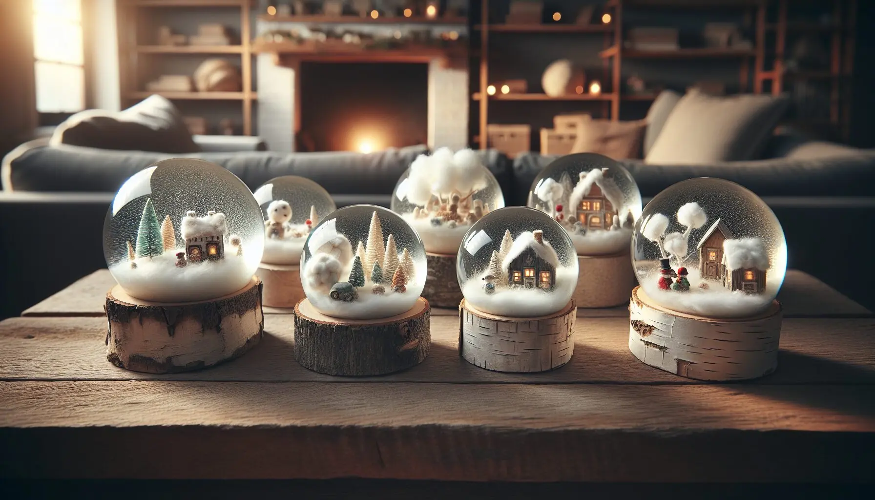 Imagine a series of unique snow globes on a shelf, each filled with different miniature worlds, with a family happily looking at them.
