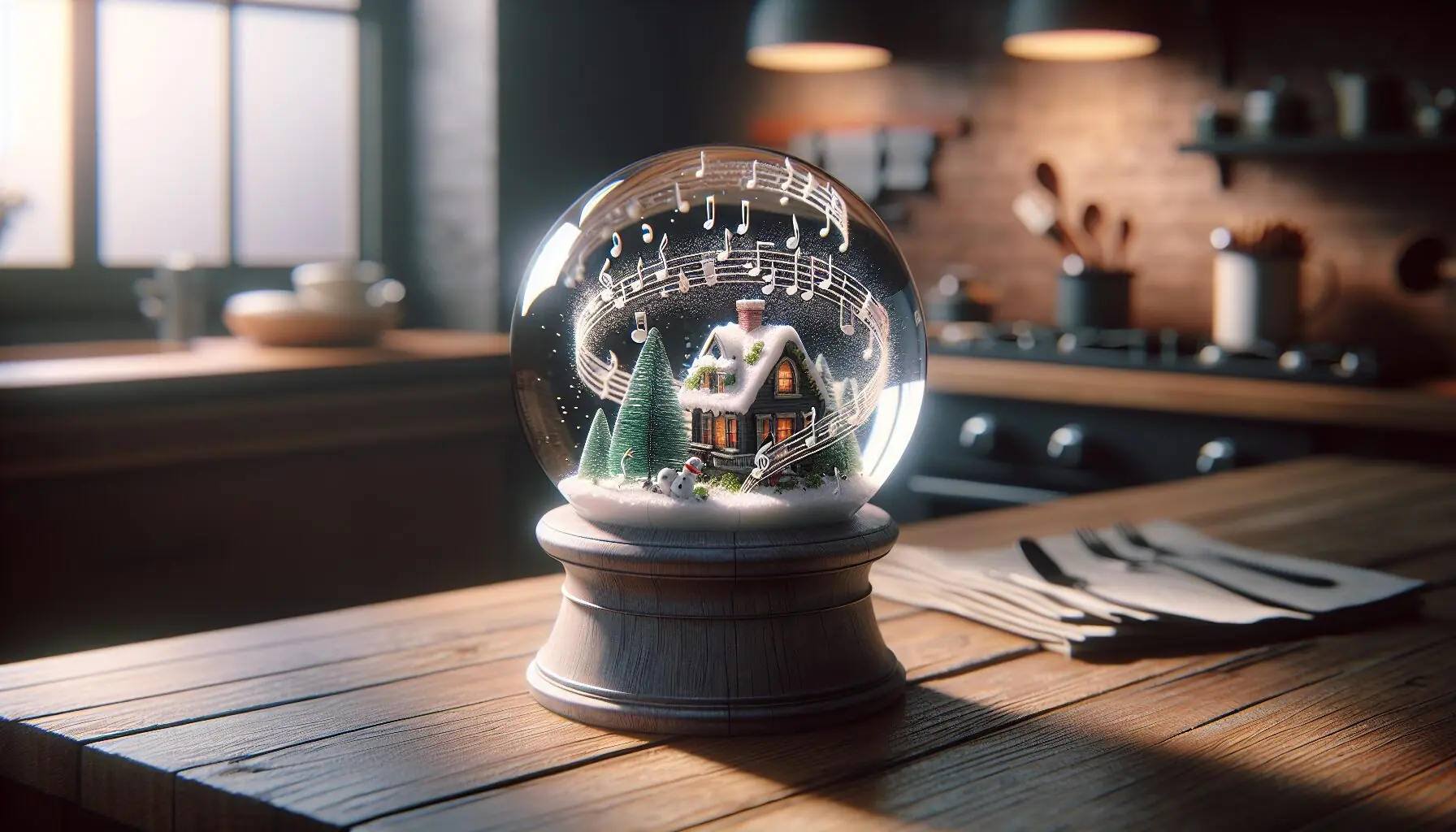 Generate an image of a whimsical snow globe filled with musical notes floating around like snowflakes, with a backdrop of small trees and houses.