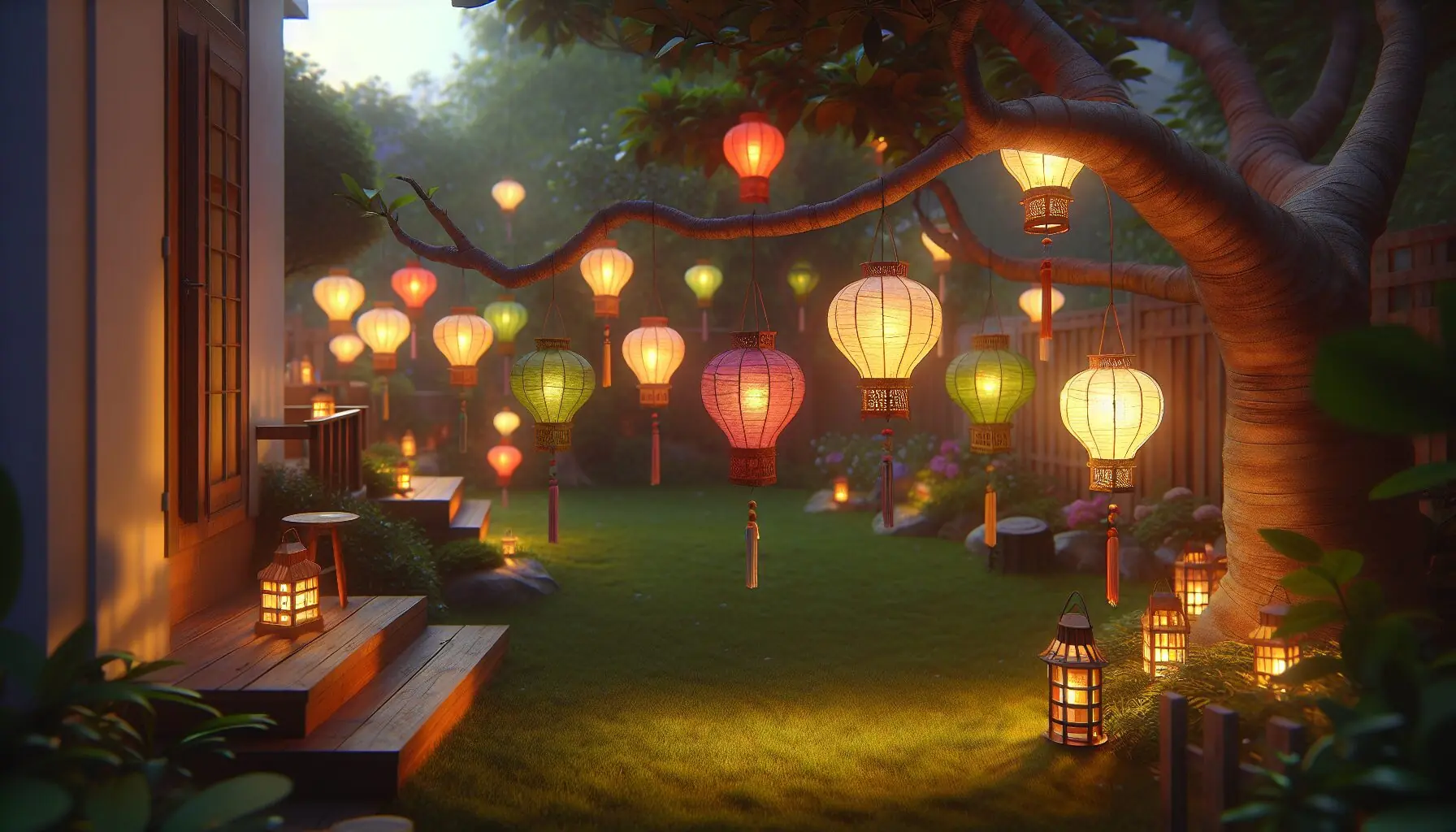 Generate an image of a small parade setting in a backyard with paper lanterns suspended from tree branches, casting a gentle glow.