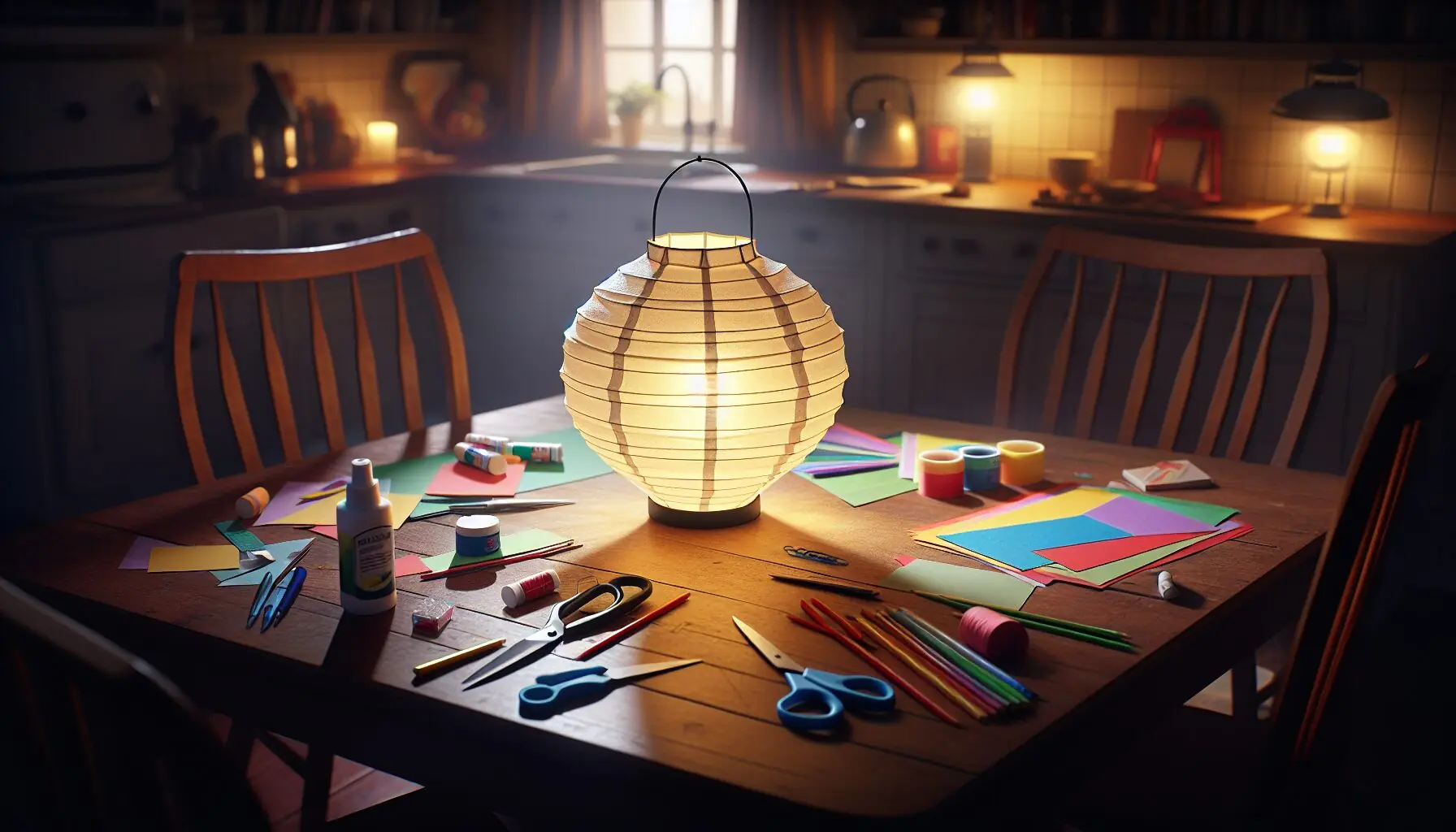 Generate an image of a glowing lantern on a table, casting colorful shadows around the room.