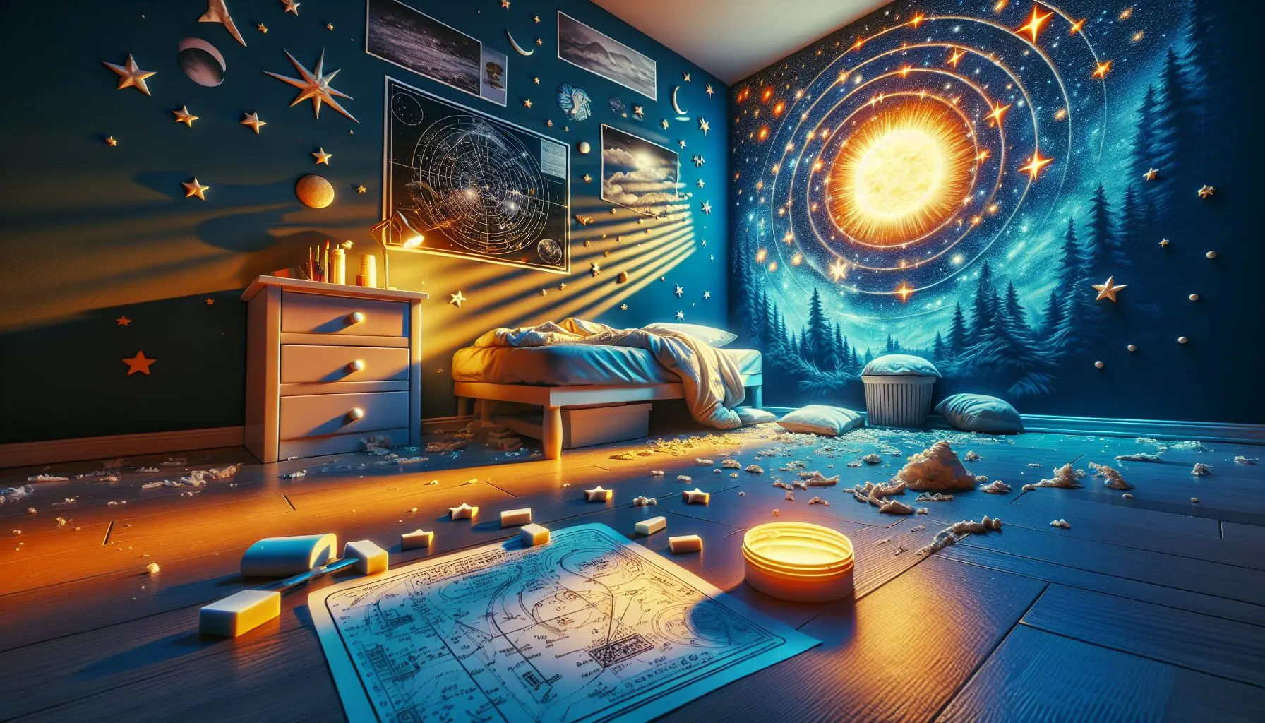 Generate an image of glow-in-the-dark stars arranged on a ceiling to resemble a constellation.