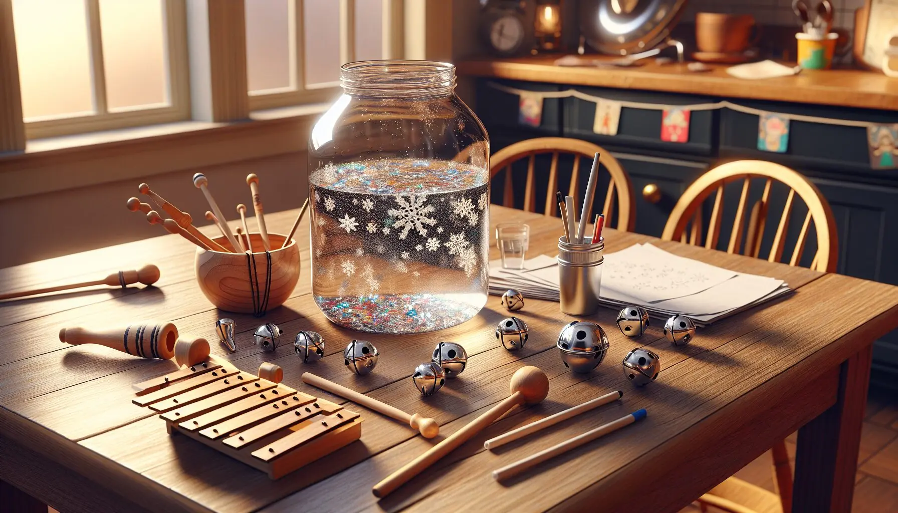 Create an image showing a clear jar, instruments like bells and shakers, paper, and markers neatly arranged on a wooden table.