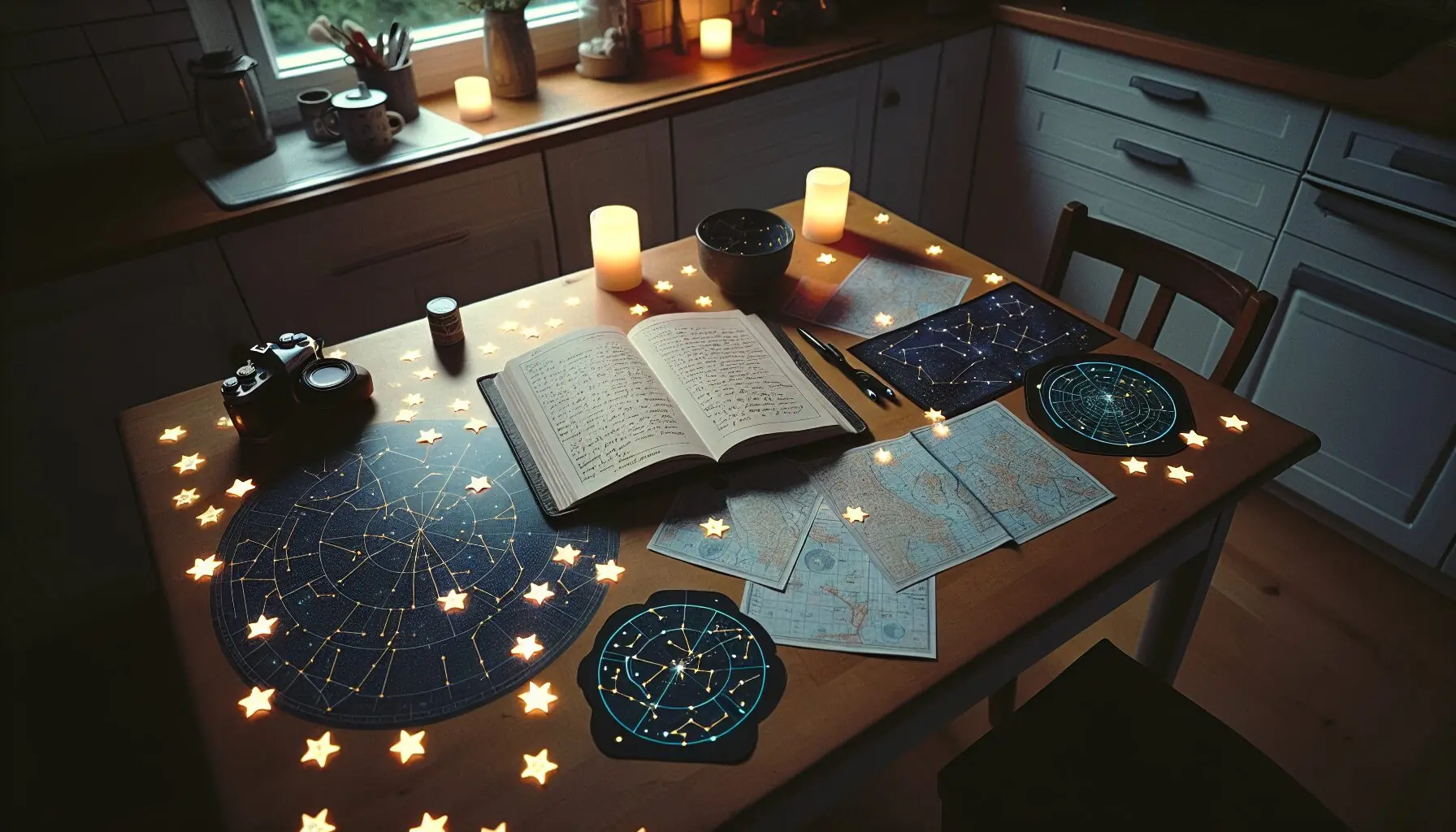 Generate an image of a night sky journal surrounded by constellation maps and glow stickers.