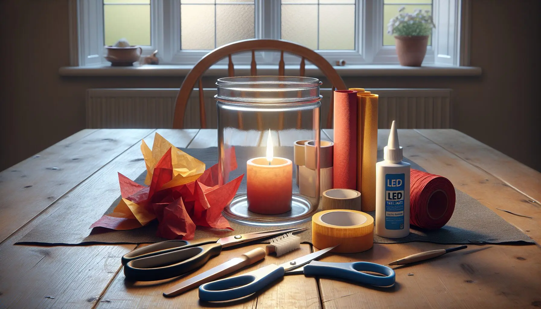 Generate an image of a collection of craft materials, including tissue paper, a glue brush, scissors, and an LED tealight candle.