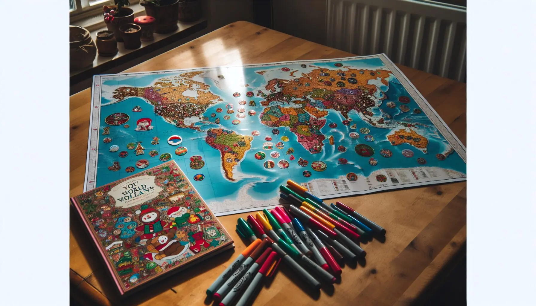 Generate an image of a sticker-laden map next to colorful markers and a holiday book.