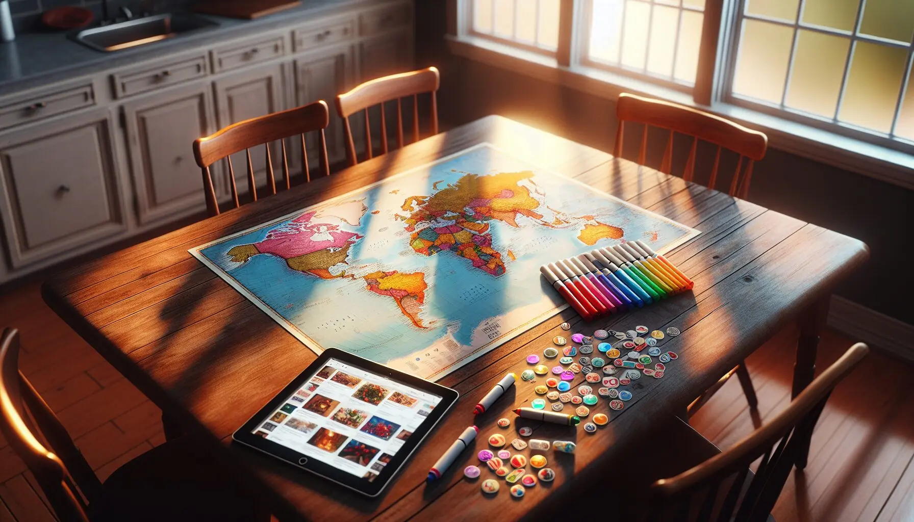 Generate an image of a child's hand placing a colorful sticker on a printed world map.