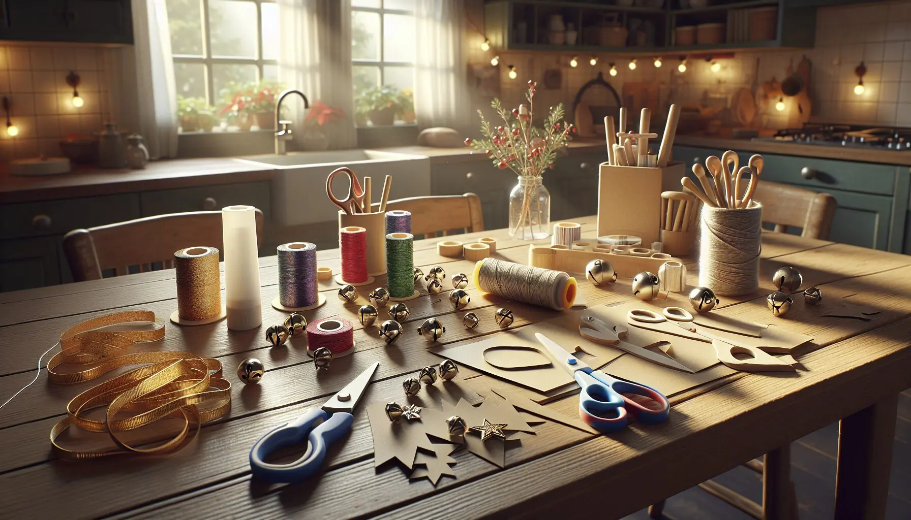 Generate an image of a child-friendly worktable with cardboard shapes, craft glue, and scissors.