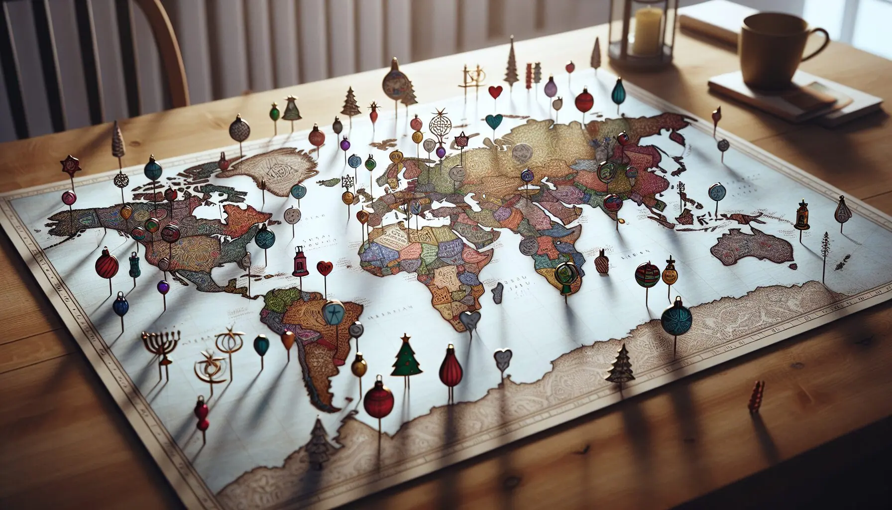 Generate an image of a world map with colorful pins and various global symbols for holidays.