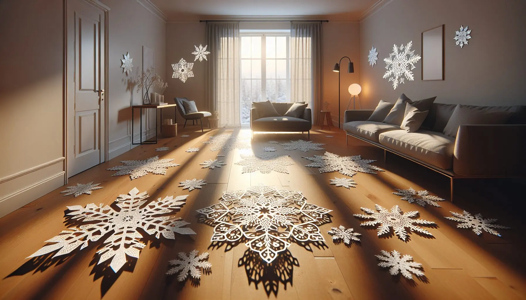 Generate an image of delicate, artistic snowflake designs twinkling against a winter sky.