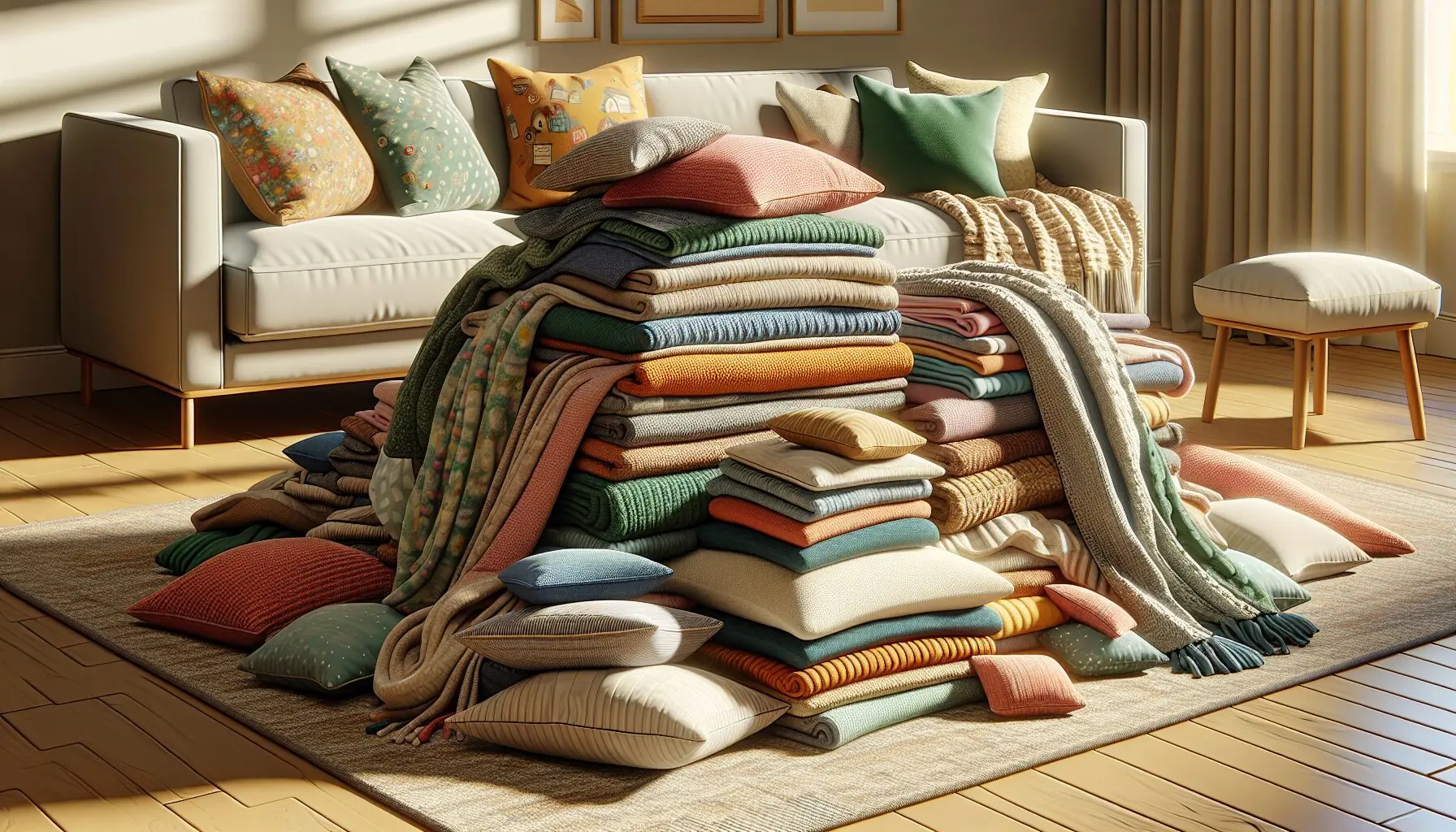 Generate an image of a pile of colorful blankets and pillows in a living room setting, showcasing playful textures.