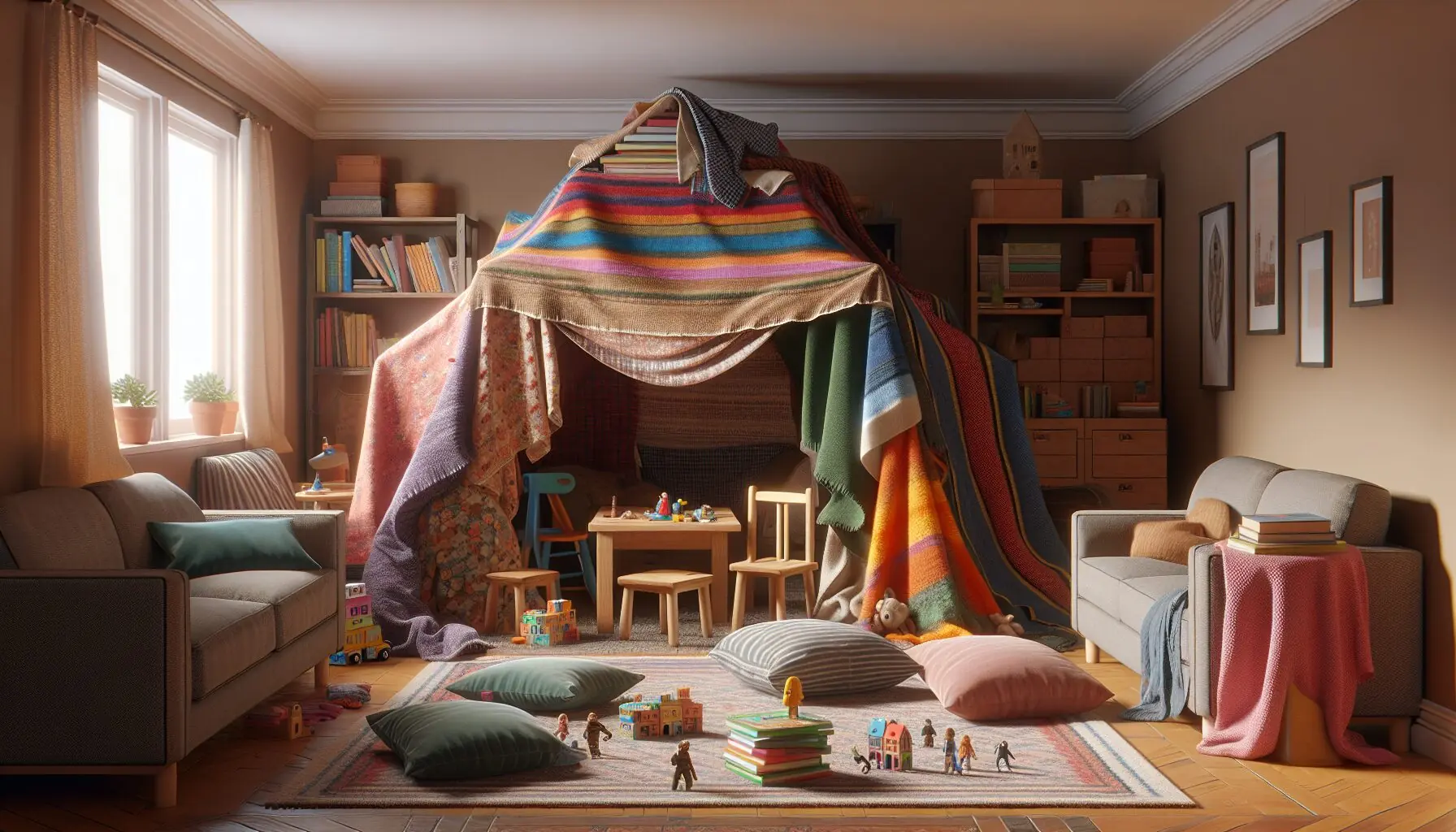 Depict a cozy interior of a blanket fort with books, small toy figures, and a soft cushion ambiance, ideal for reading.