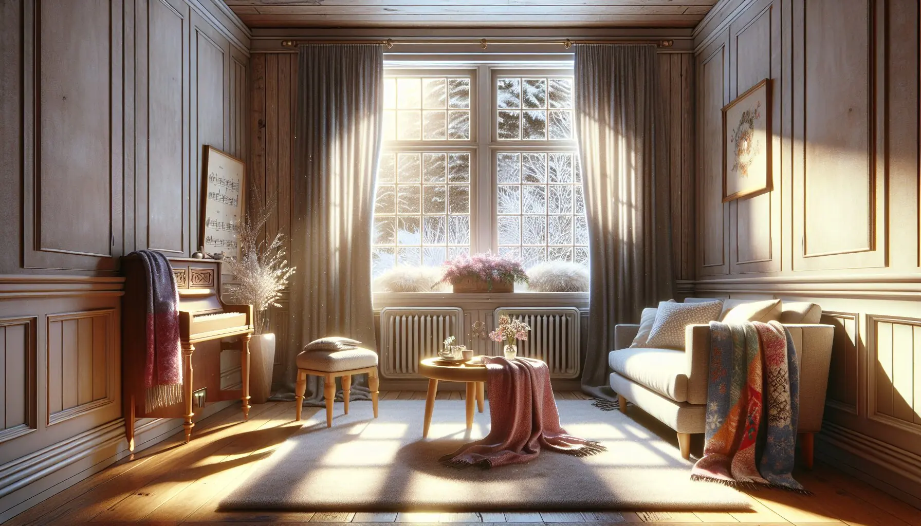 Create an illustration of cozy home living space with streaming light instrumental music notes and open space for dancing.