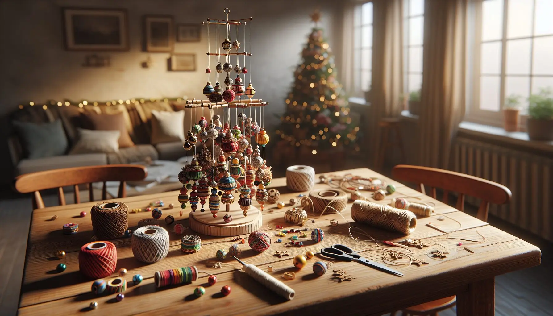 Generate an image of various handmade musical ornaments displayed on a wooden table.