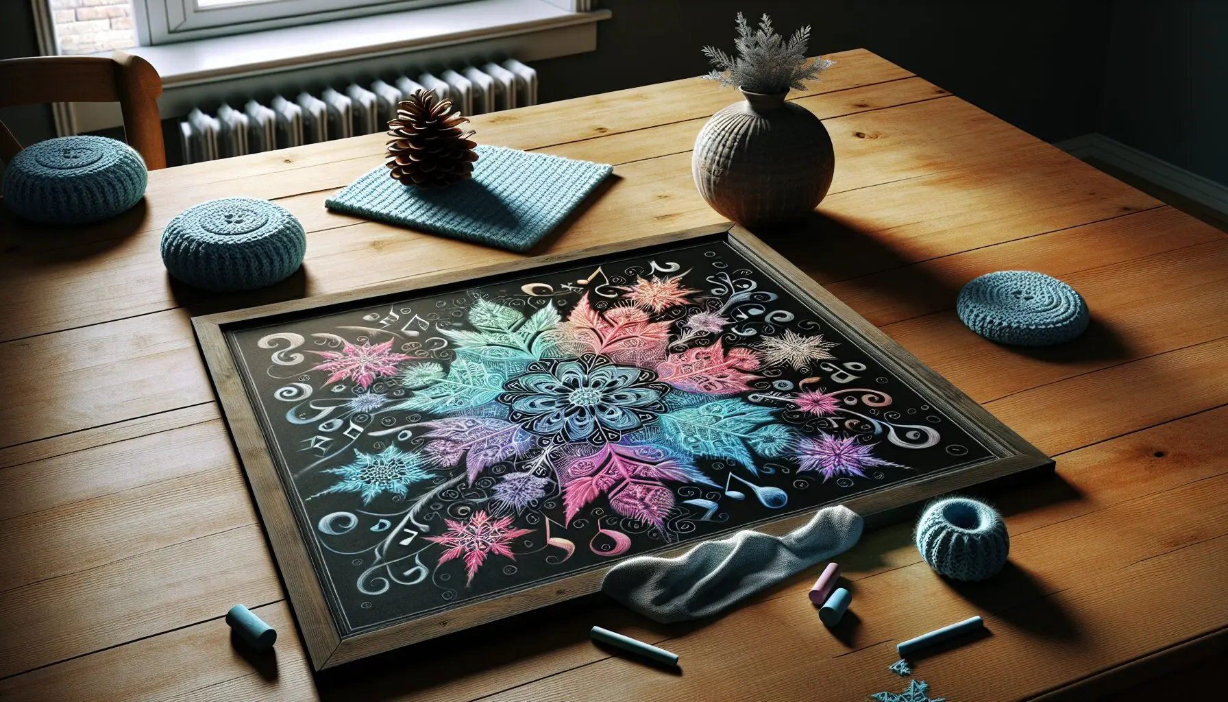 Illustrate a chalkboard drawing depicting colorful snowflakes and music, capturing the essence of the snowflake dance activity.