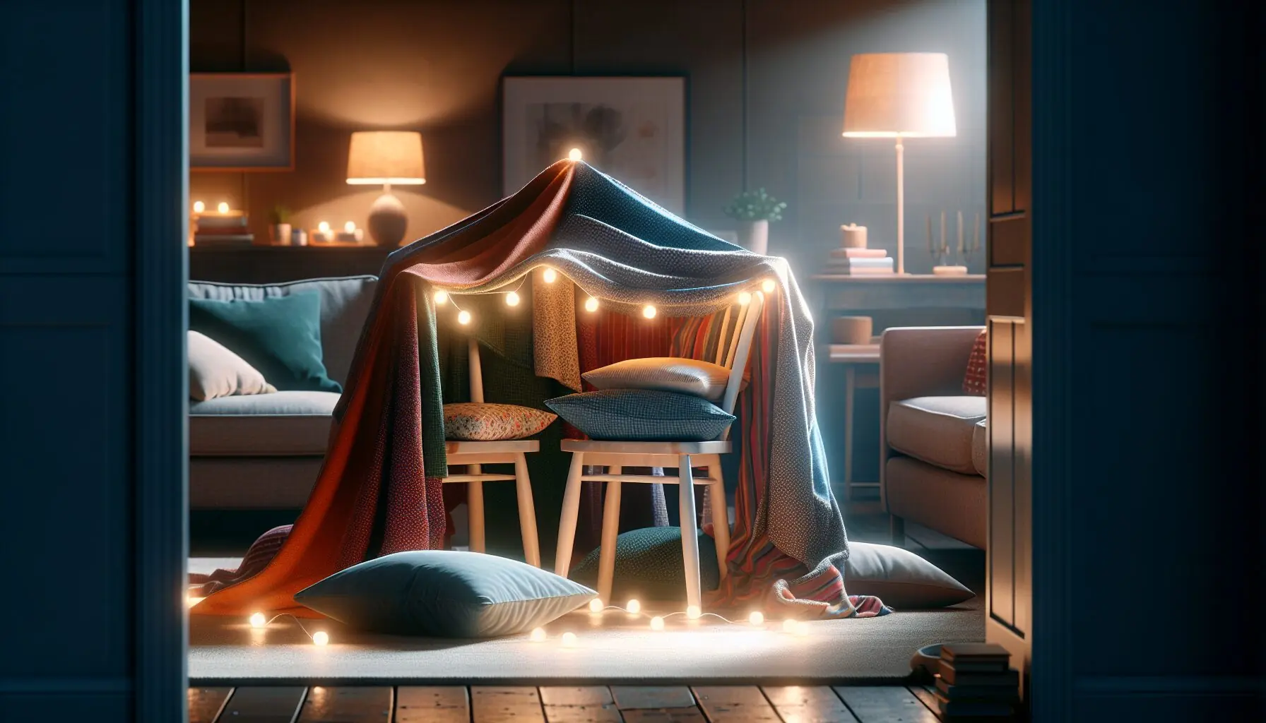 Create an illustration of a homemade blanket fort structure using chairs and blankets, artistically lit by string lights.