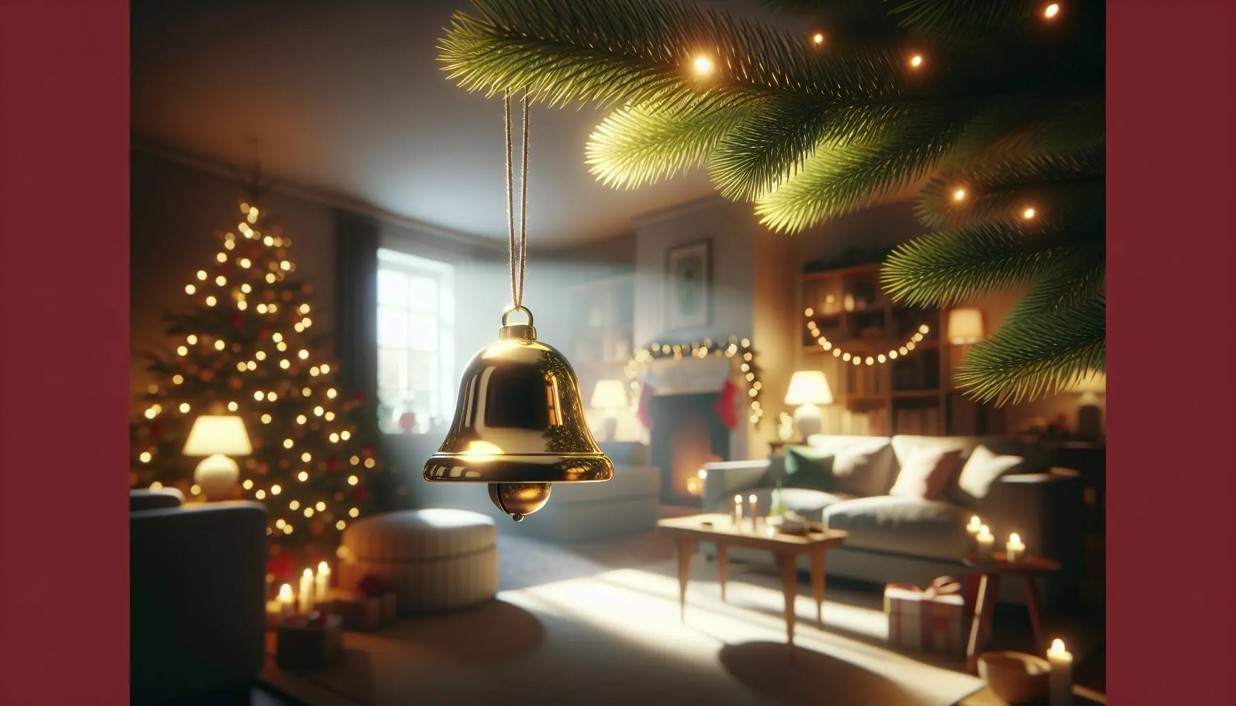 Generate an image of a close-up of a jingle bell ornament hanging on a Christmas tree branch.