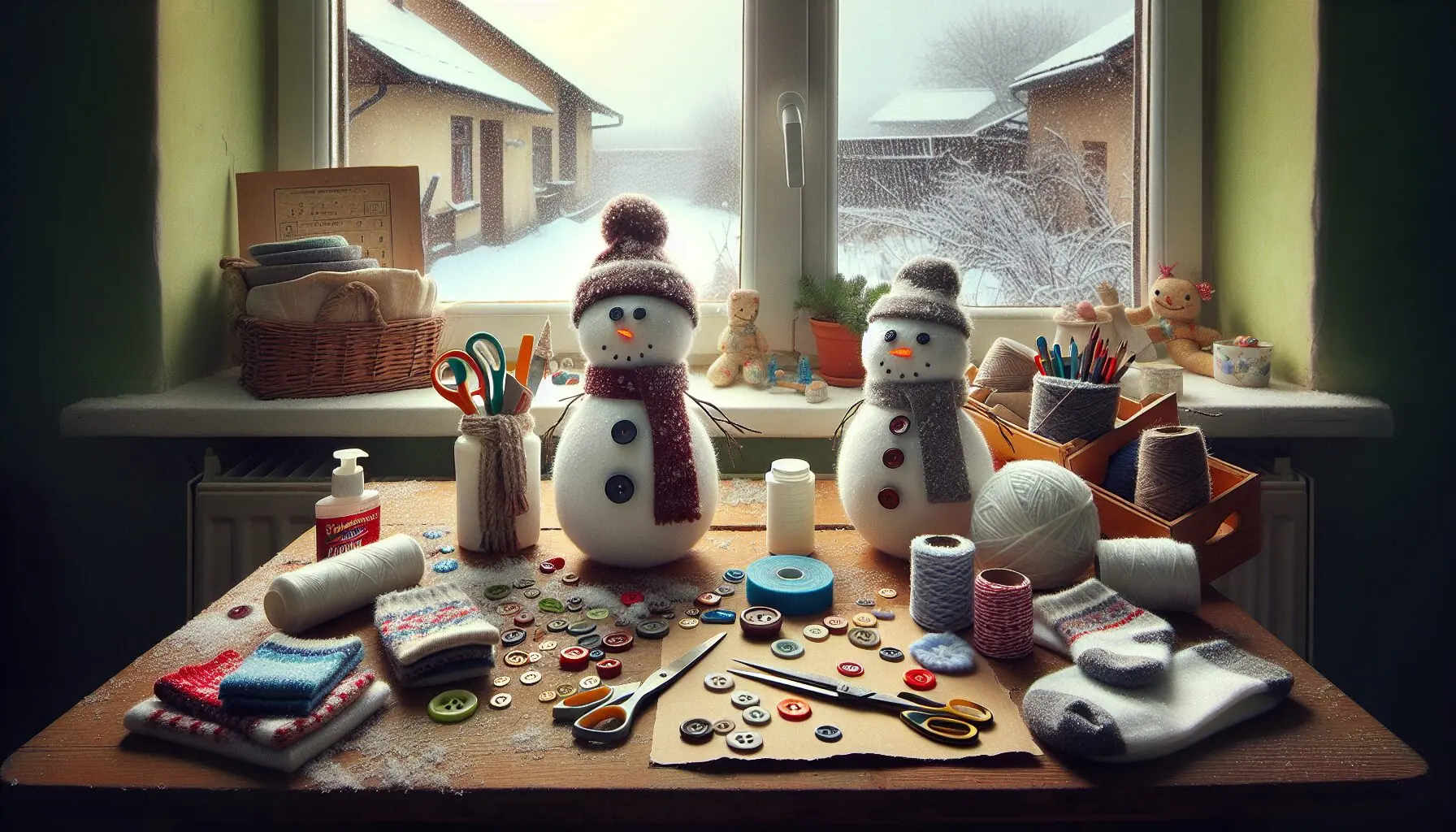 Create an image of a cozy winter setting with crafted snowmen lined up, ready to bring smiles through a family activity.