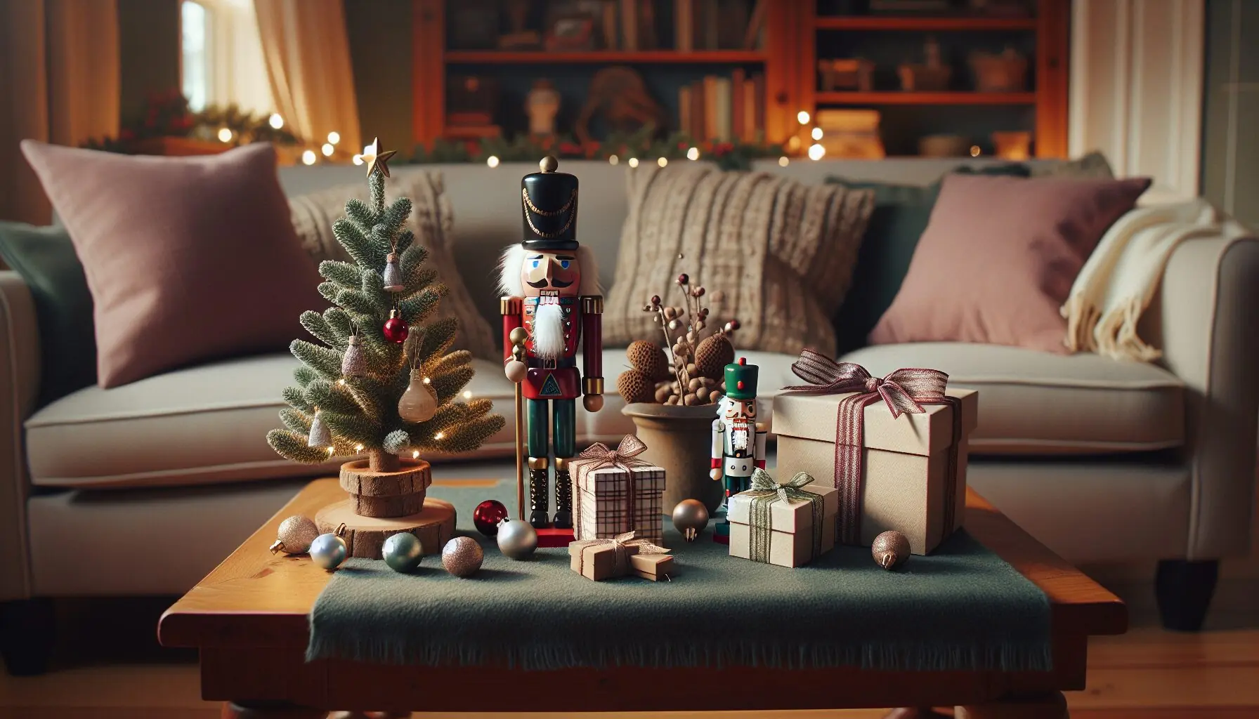 Generate an image of a classic Nutcracker-themed holiday setting with colorful decorations.