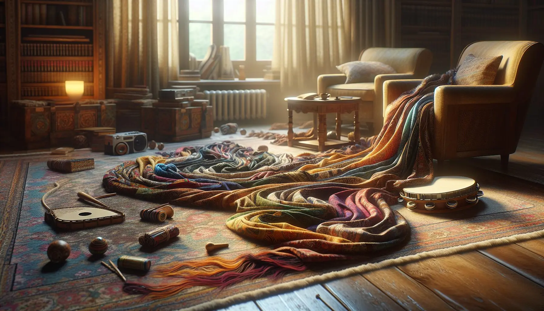 Generate an image of a whimsical dance scene with scarves swirling in a home.