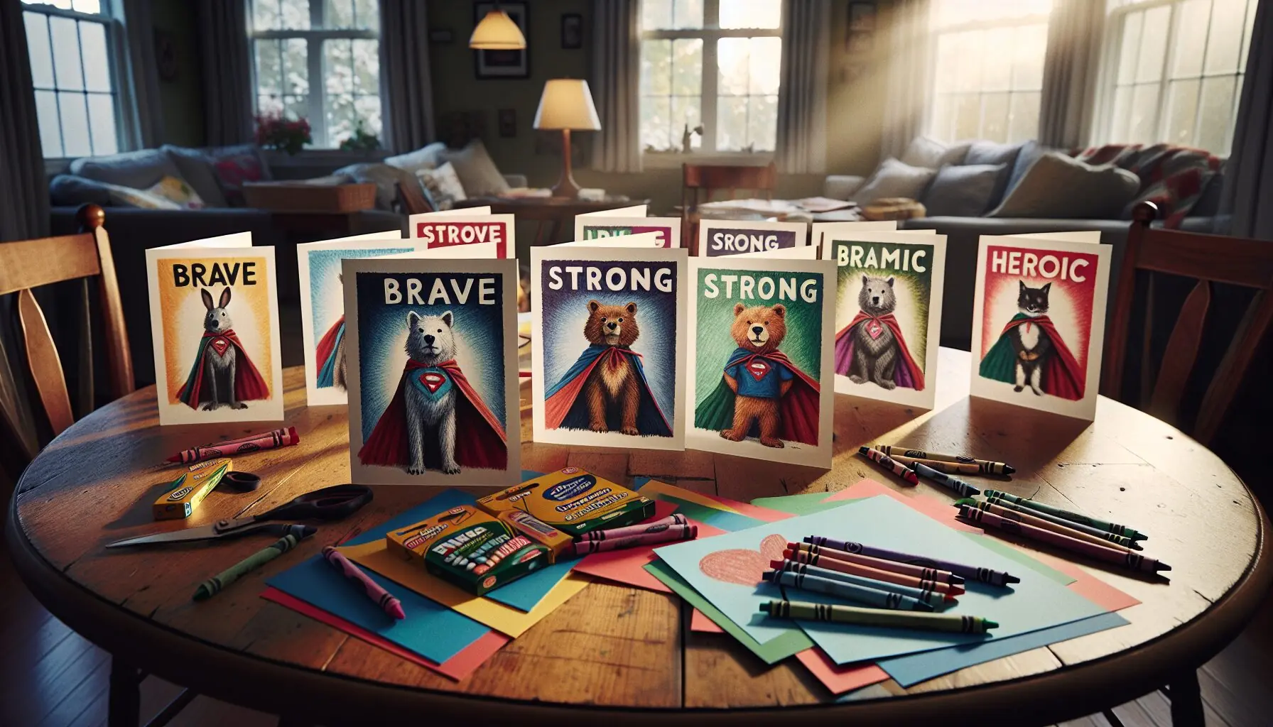 Design an image showing completed holiday cards featuring drawings of animals with capes, and words like 'brave', 'strong', and 'heroic'.
