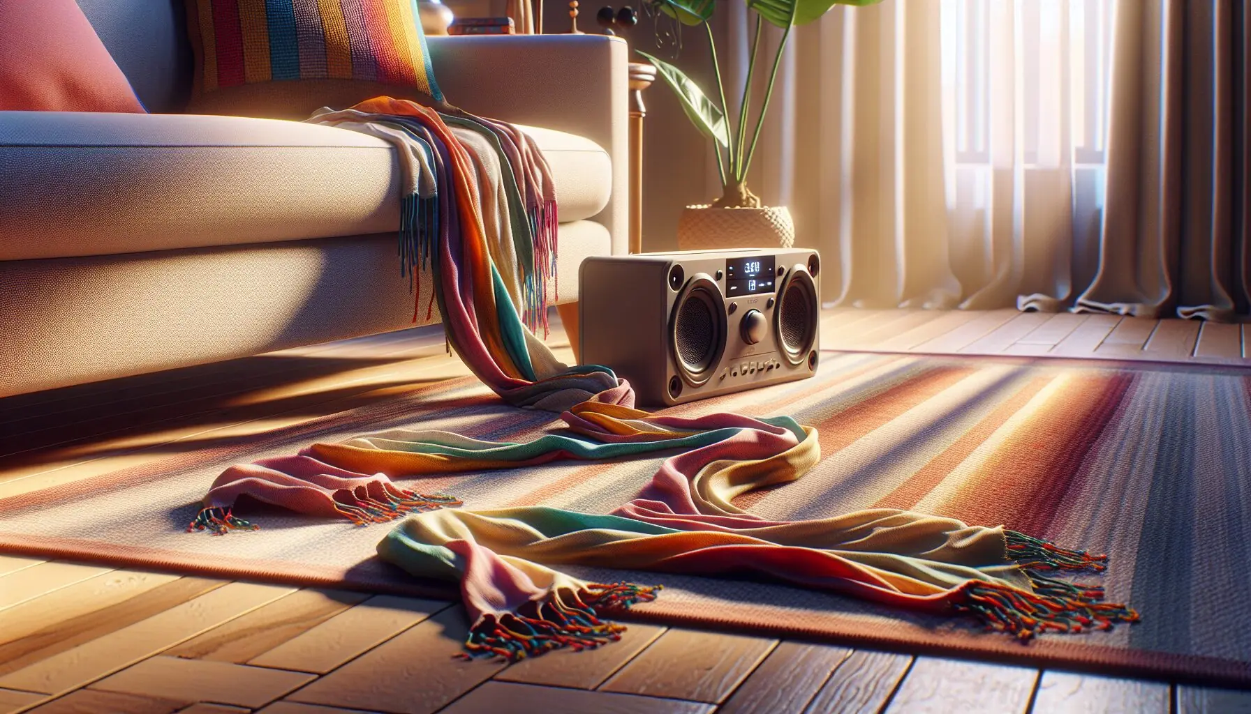 Generate an image of colorful scarves laid out next to a music-playing device.