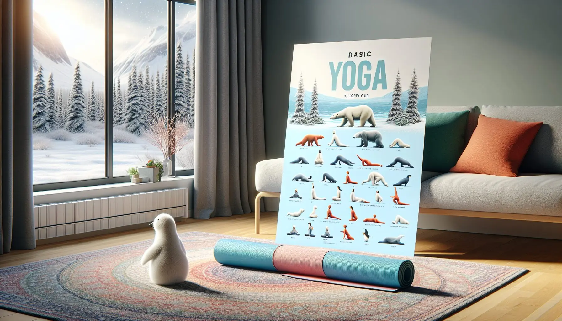 Design an image showing a simple diagram of yoga poses inspired by arctic animals, set against a snowy background.
