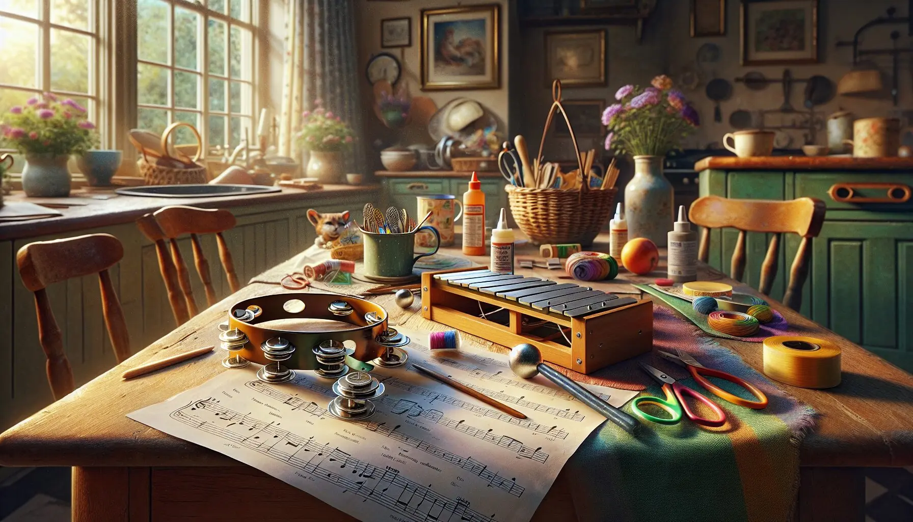 Generate an image illustrating a cheerful setting with musical notes and simple instruments to represent song learning.