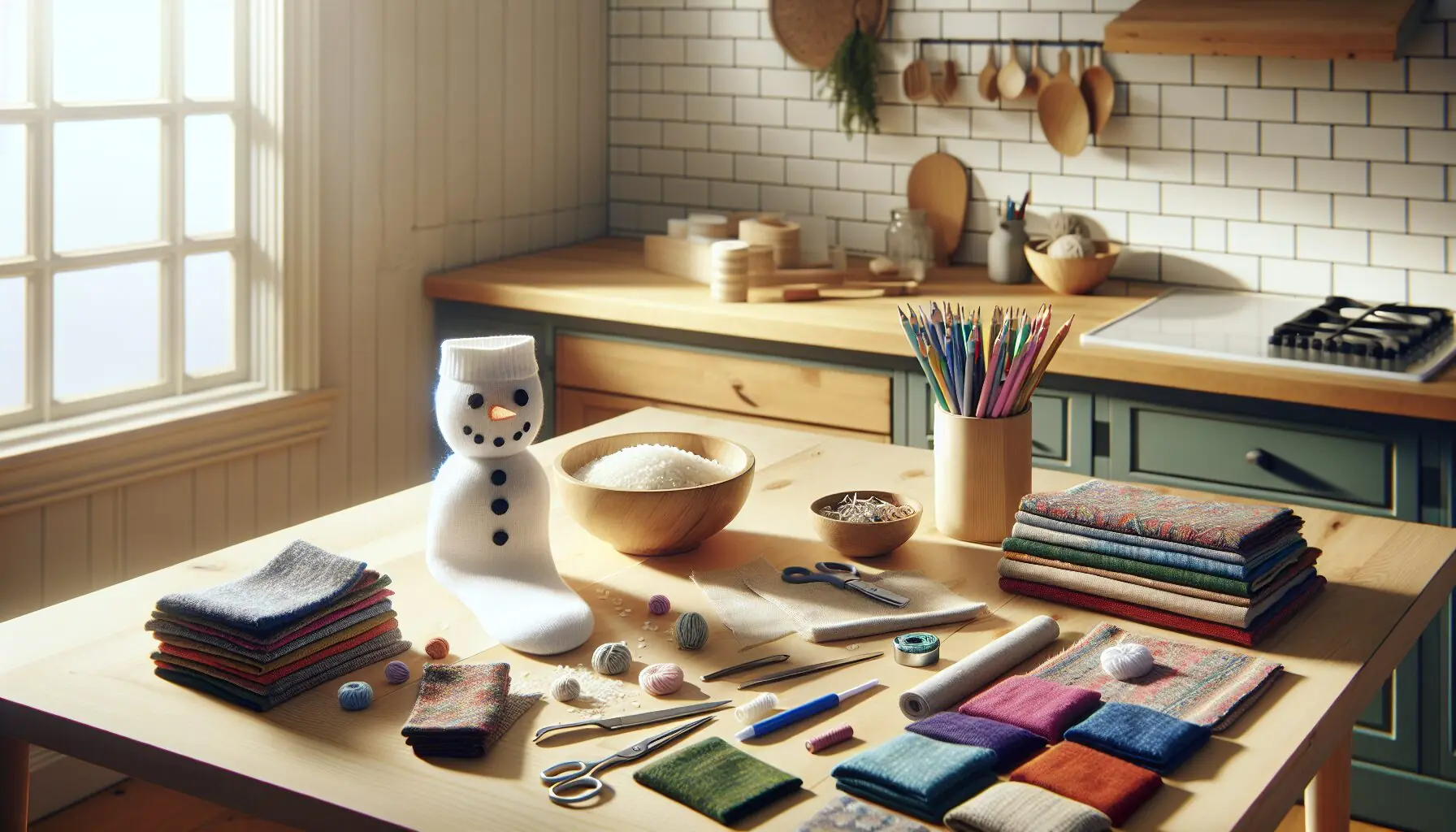 Generate an image of craft supplies like white socks, rice, markers, and colorful fabric scraps ready for crafting snowmen.