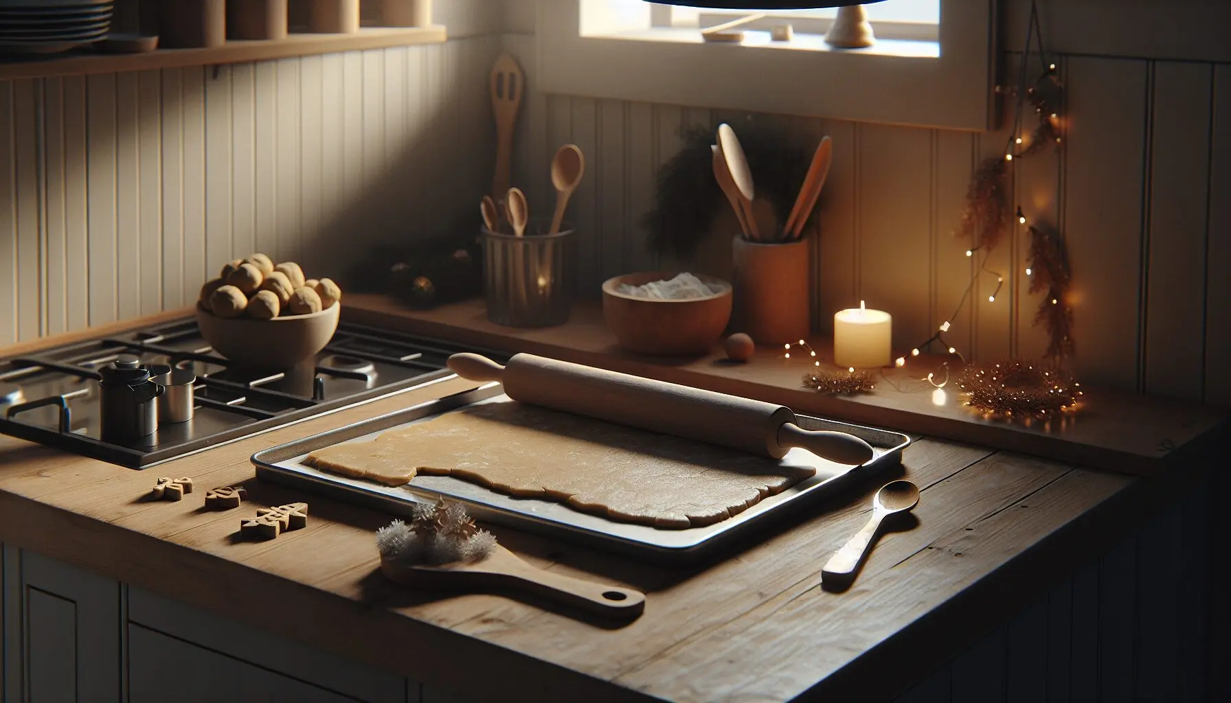 Generate an image of a cozy kitchen decked with holiday decorations, with a baking tray and wooden spoons on a counter.