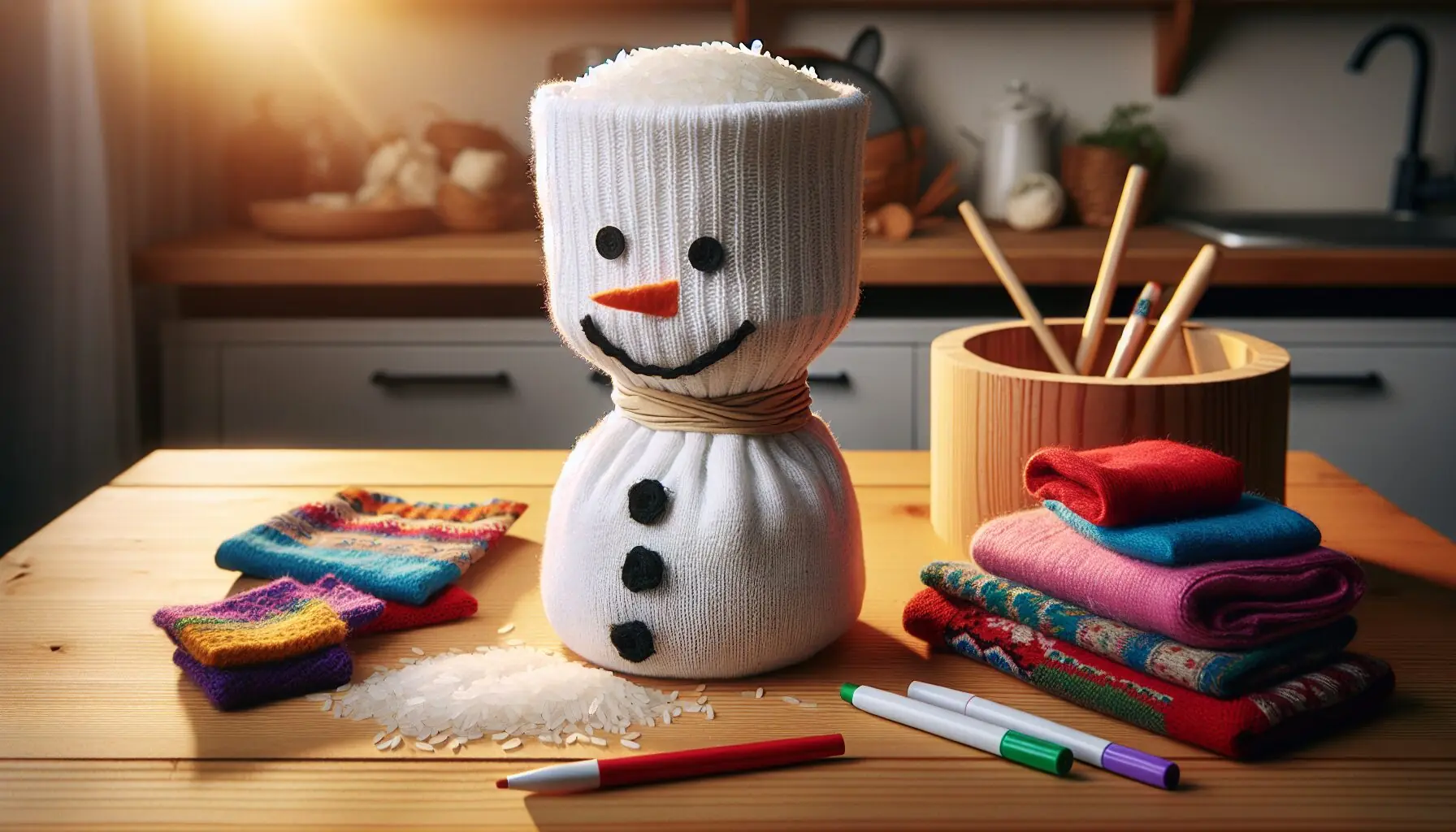 Create an image of sock snowmen with colorful hats and scarves in a playful arrangement, setting up for a singing session.