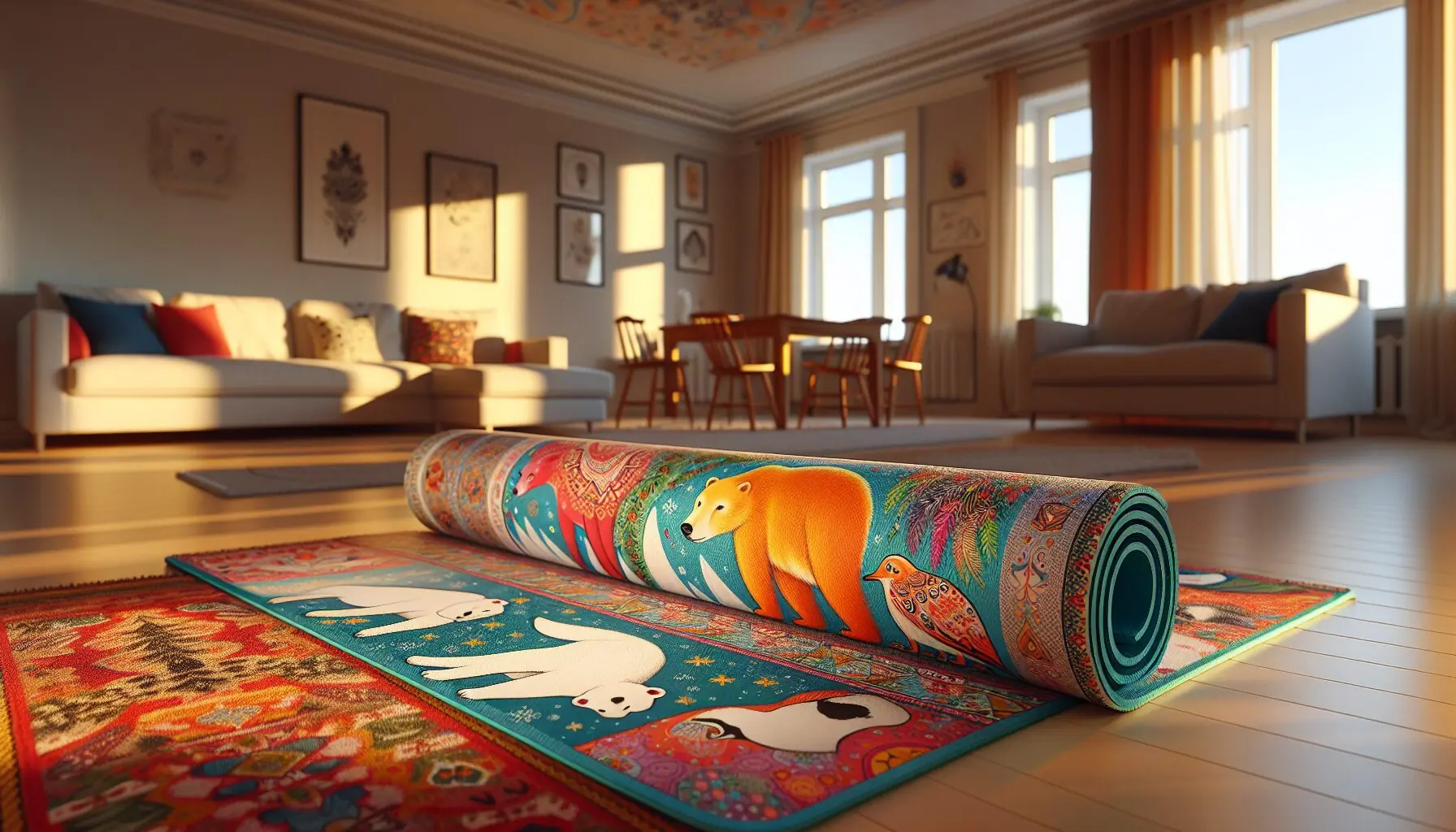Generate an image of a colorful yoga mat with cute illustrations of arctic animals like a polar bear and fox.