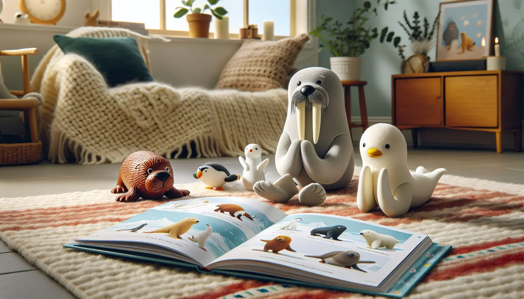 Illustrate an image with a playful scene of drawn arctic animals in yoga poses, encouraging creative yoga ideas.