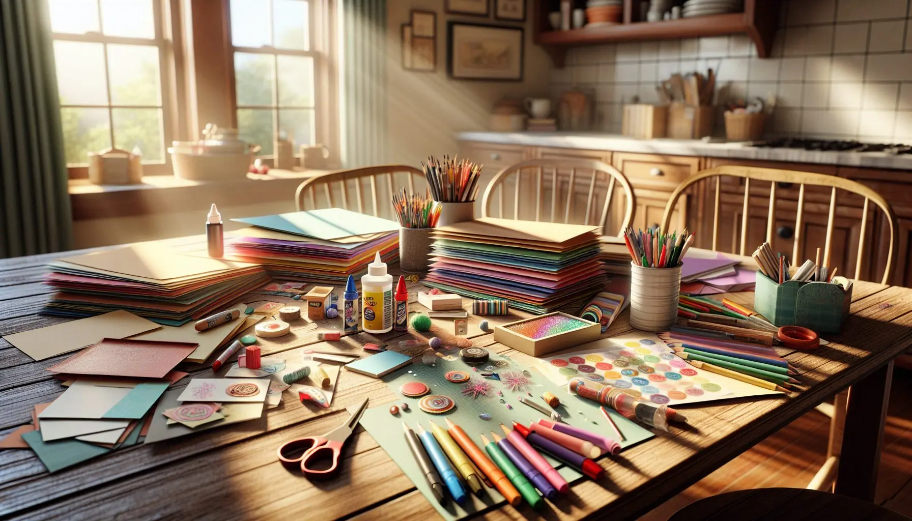 Create an image of various art supplies, such as colored card stock, stickers, and glitter, spread out on a bright workspace.