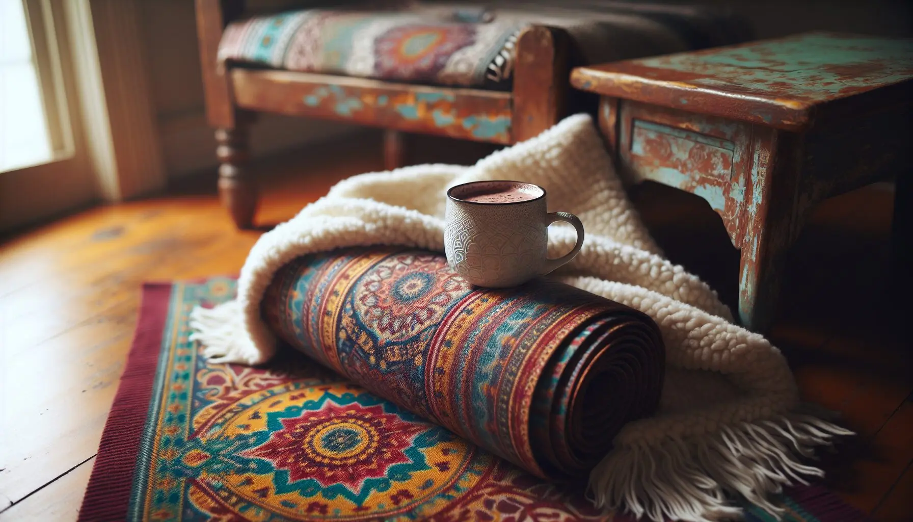 Create an image depicting a cozy indoor scene with a yoga mat, blanket, and hot chocolate on a small table.