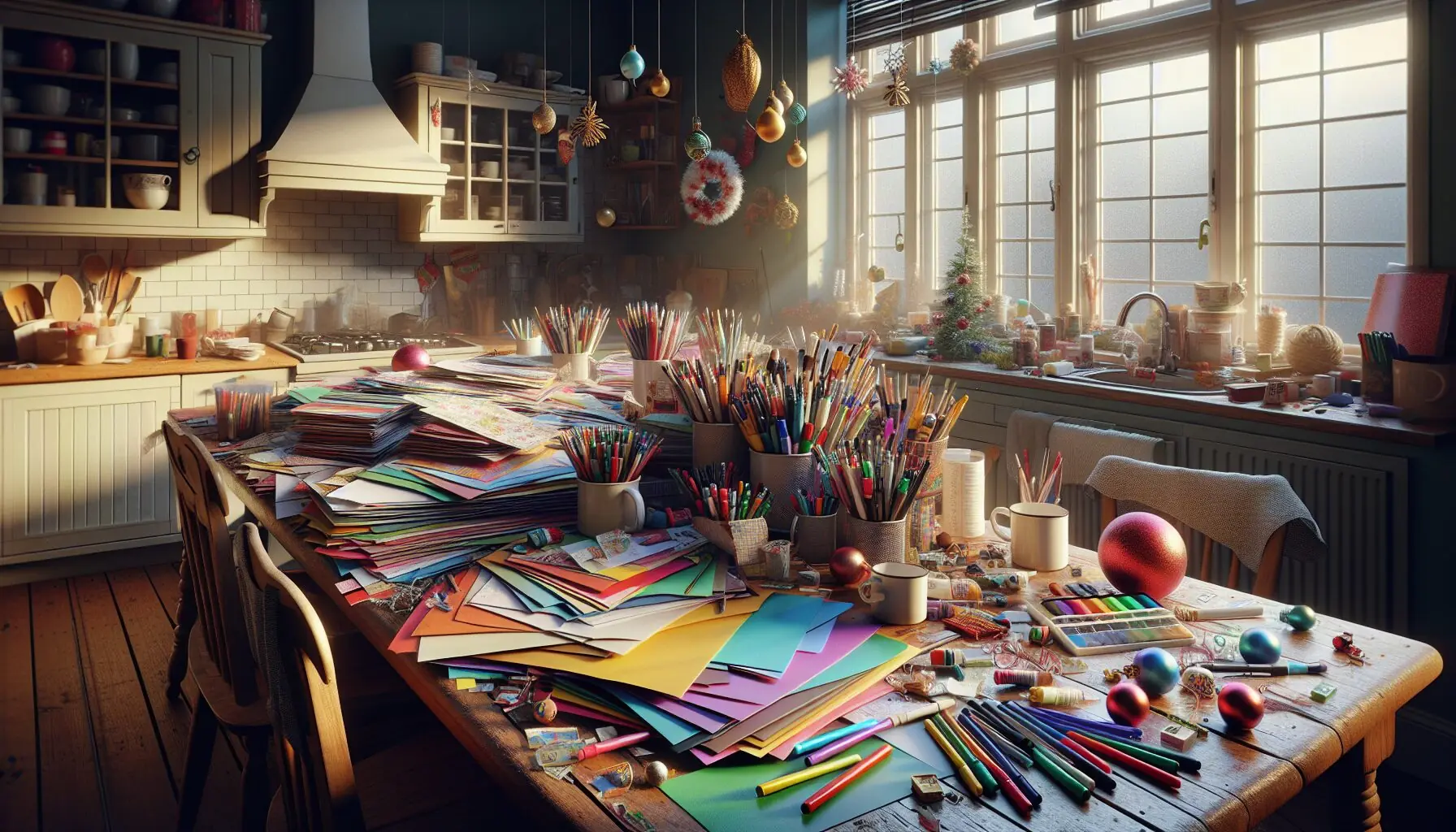 Generate an image of a cozy, holiday-themed table setup with colorful papers, markers, and holiday decorations.
