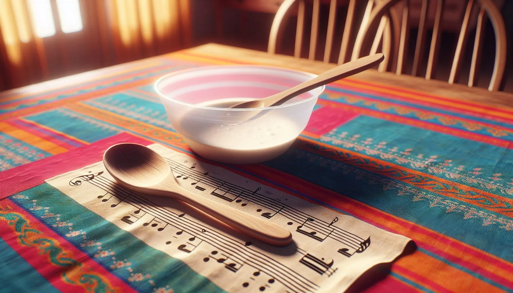 Generate an image of a plastic bowl and wooden spoon set on a festive tablecloth, accompanied by musical notes.
