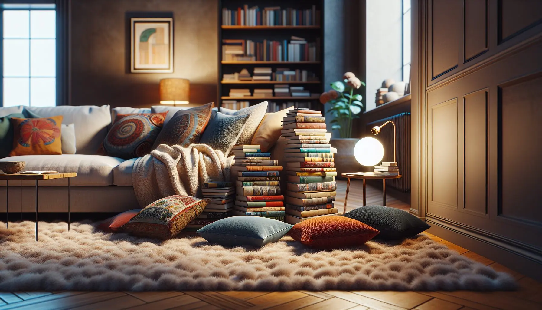 Generate an image of a cozy reading corner filled with colorful cultural books from around the world.