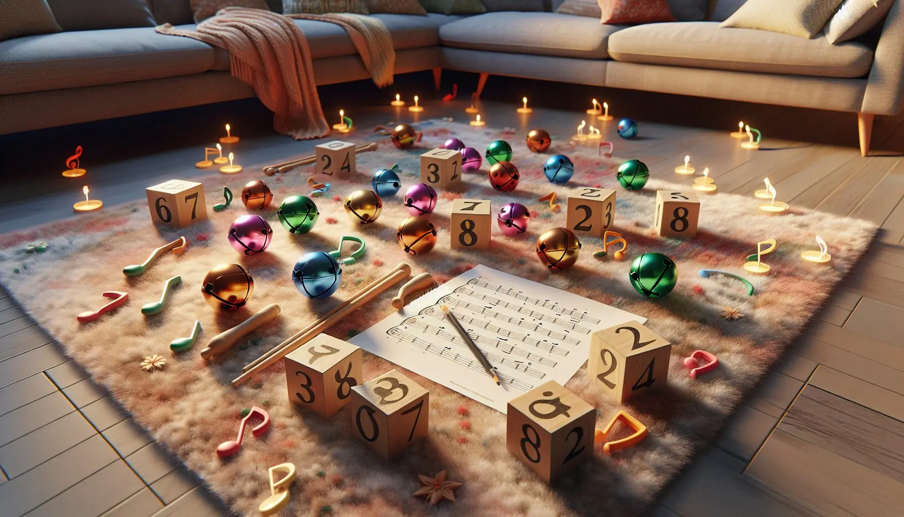 Generate an image of a soft, child-friendly holiday setting with bells and soft music notes drifting in the air, signaling learning and play.