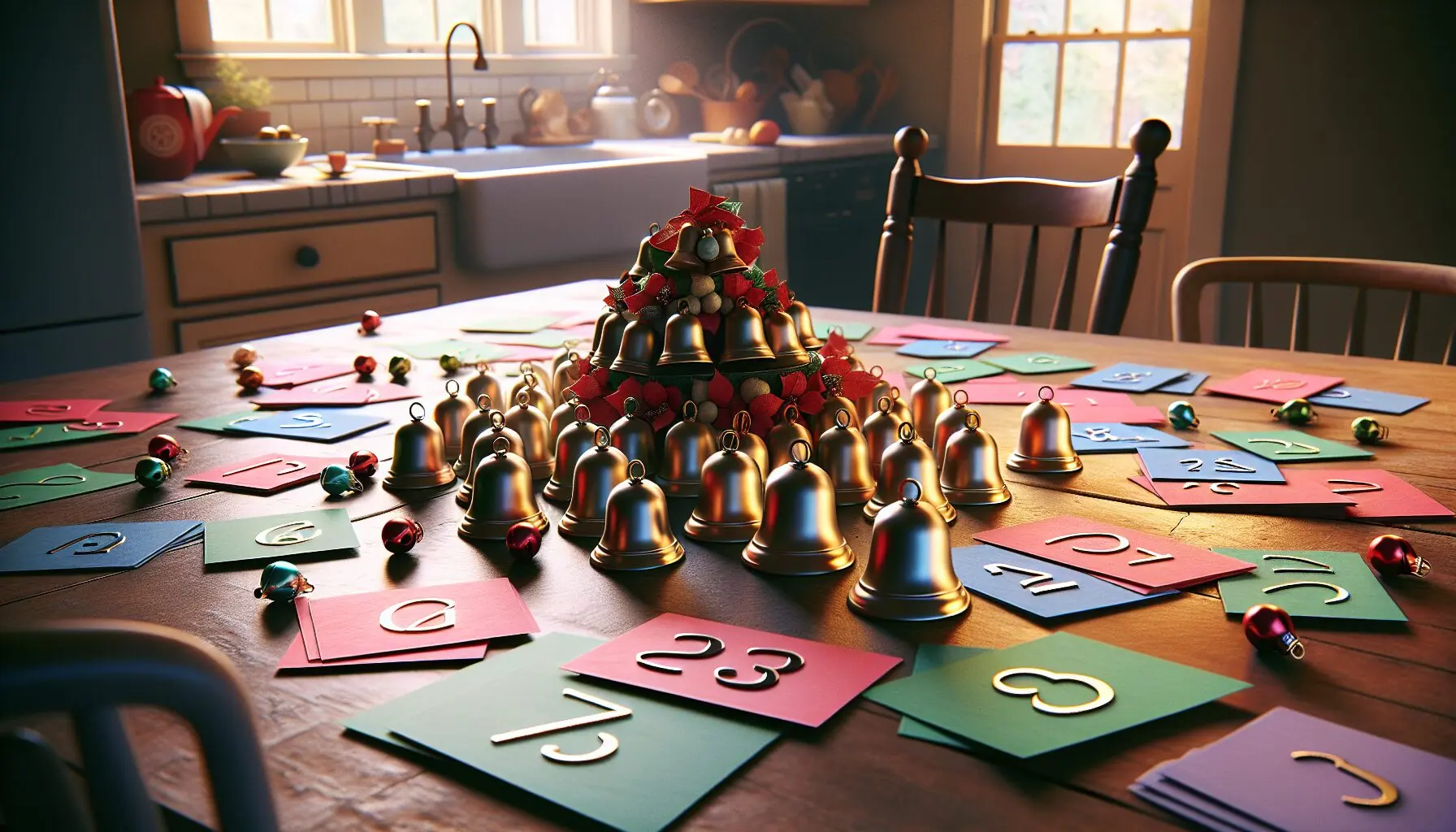 Generate an image of a simple setup with small holiday bells grouped on a table, alongside some colorful note cards with numbers.