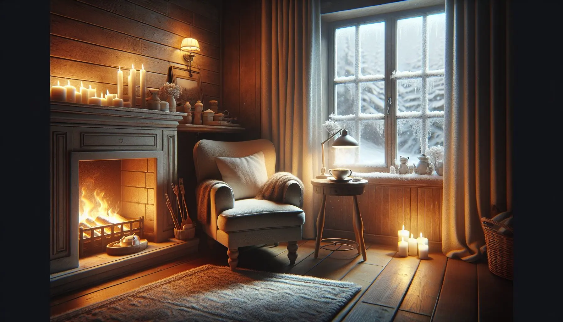 Generate an image of a warm, softly lit room with a crackling fireplace and snow outside a window.
